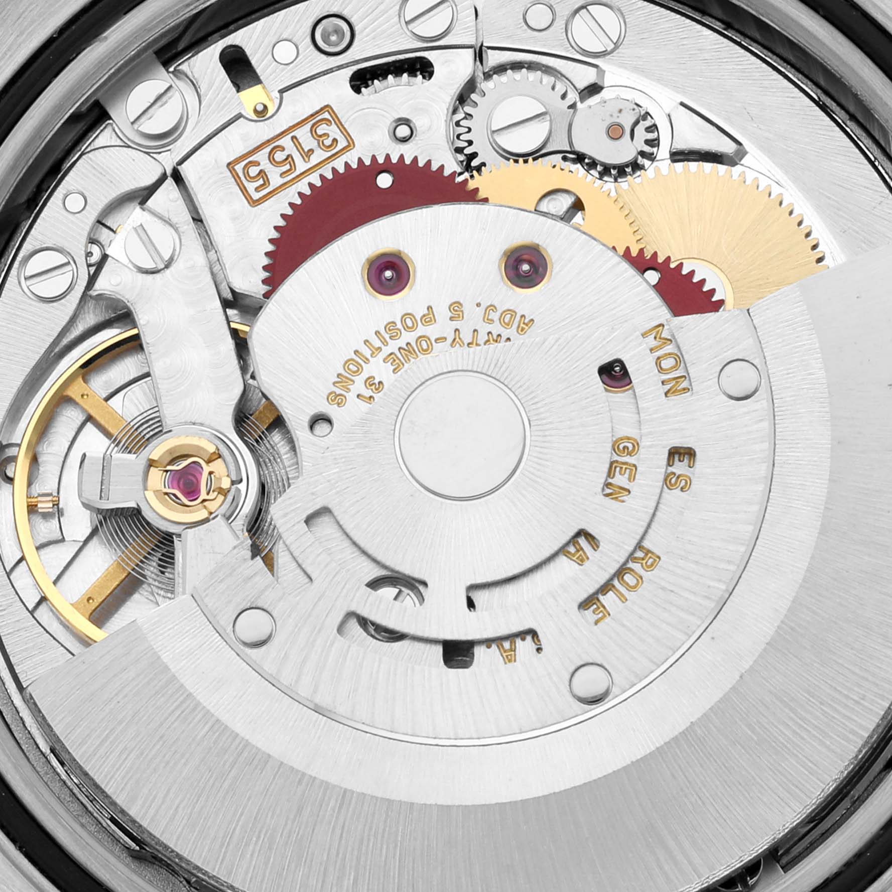 This image shows the intricate interior mechanism of a Rolex President 18389G Men's White Gold Silver Dial 18389G Men's White Gold Silver Dial model watch viewed from the back.