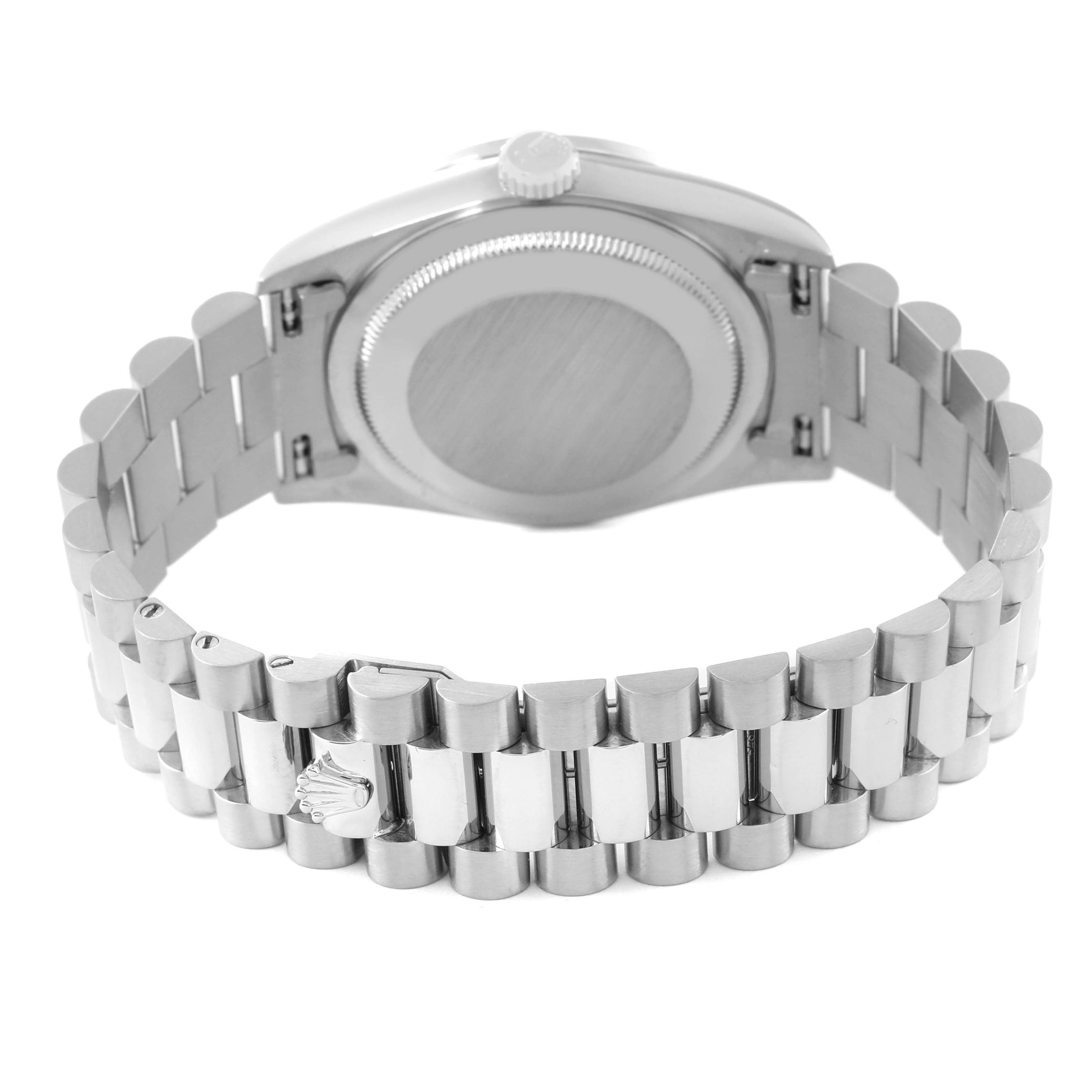 The image shows the back case, crown, and bracelet segment of a Rolex President 18389G Men's White Gold Silver Dial 18389G Men's White Gold Silver Dial watch from a rear angle.