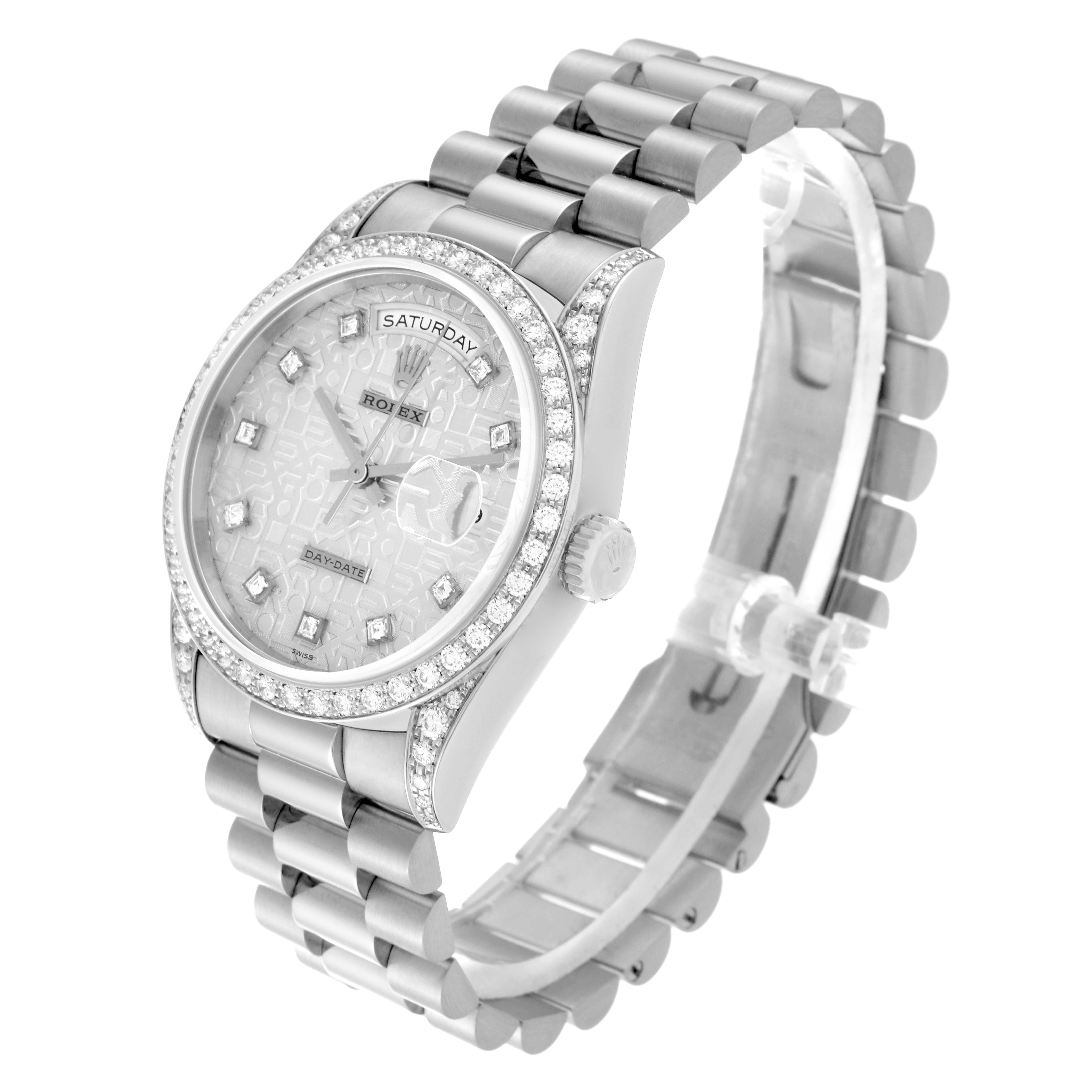 The Rolex President 18389G Men's White Gold Silver Dial 18389G Men's White Gold Silver Dial watch is shown at a slight angle, featuring its band, face with diamond markers, and bejeweled bezel.