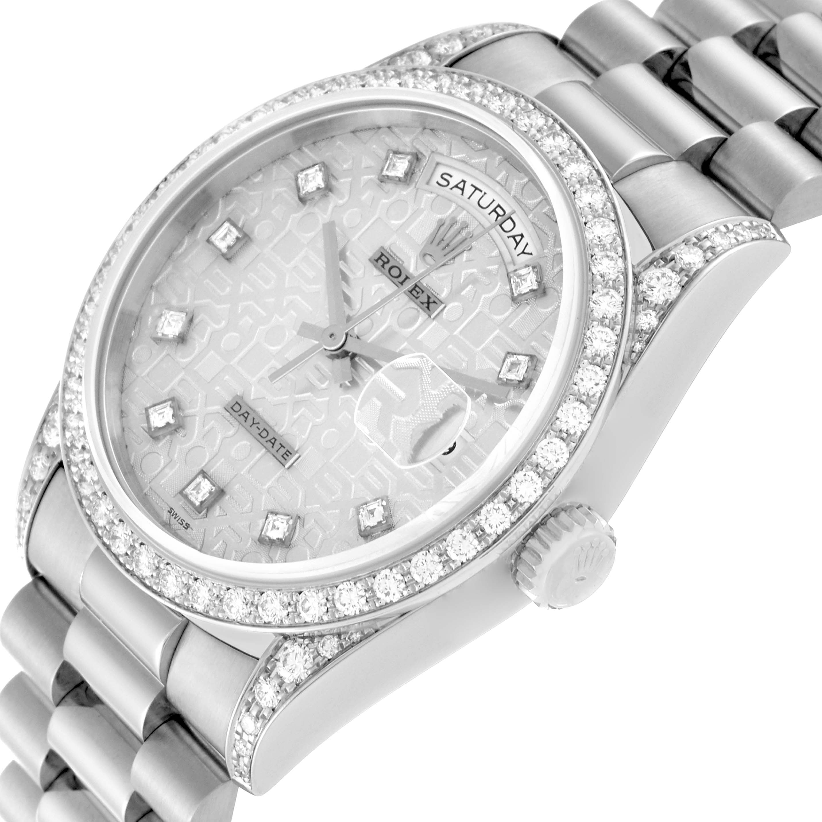 The image shows the front and side angle of the Rolex President 18389G Men's White Gold Silver Dial 18389G Men's White Gold Silver Dial model watch, highlighting the dial, bezel, and part of the bracelet.