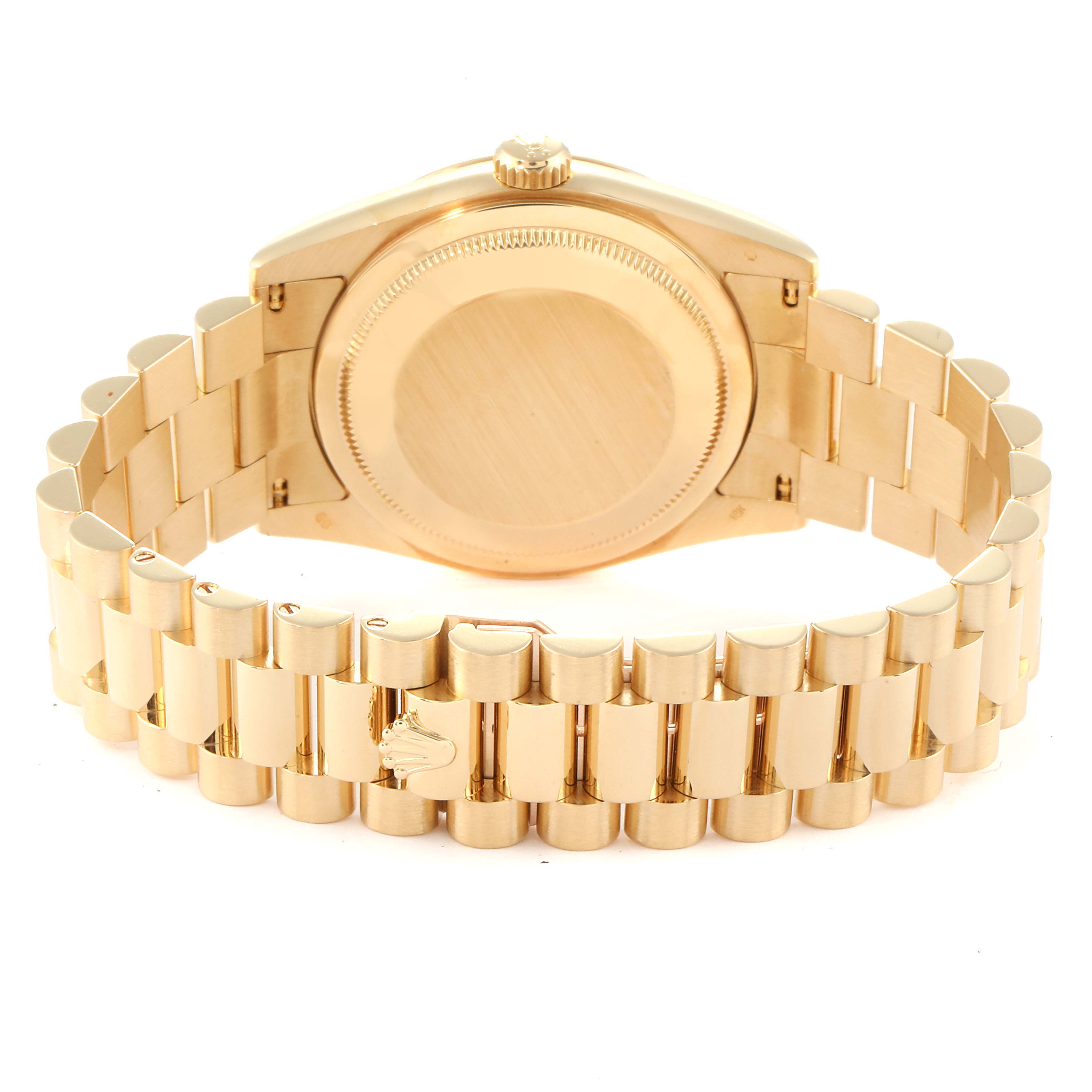 This image shows the back of a Rolex President 118238 Men
s Yellow Gold Black Dial 118238 Men
s Yellow Gold Black Dial model watch, highlighting the case back and the President bracelet.