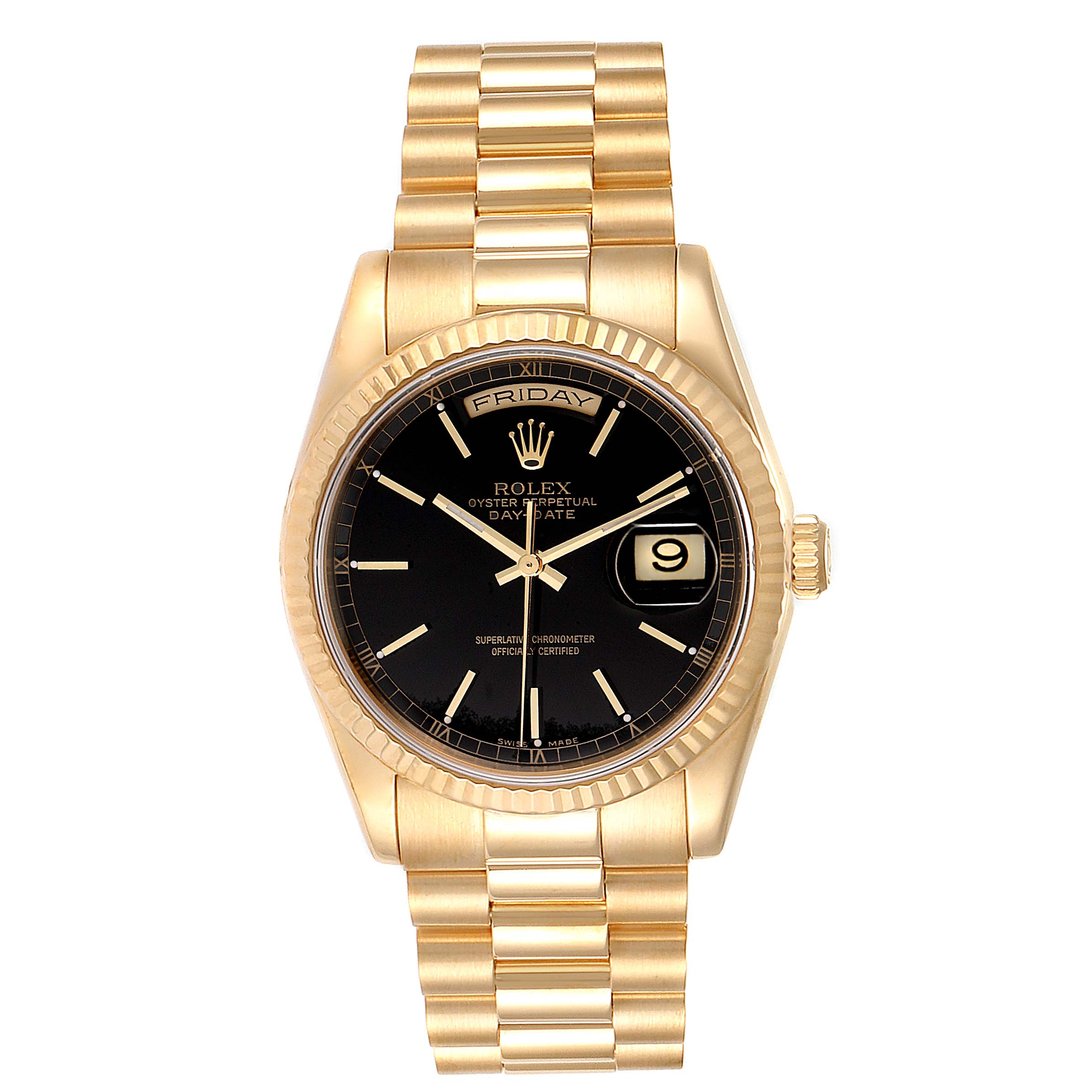 This image shows a frontal view of a Rolex President 118238 Men
s Yellow Gold Black Dial 118238 Men
s Yellow Gold Black Dial model watch with a black dial and gold bracelet.