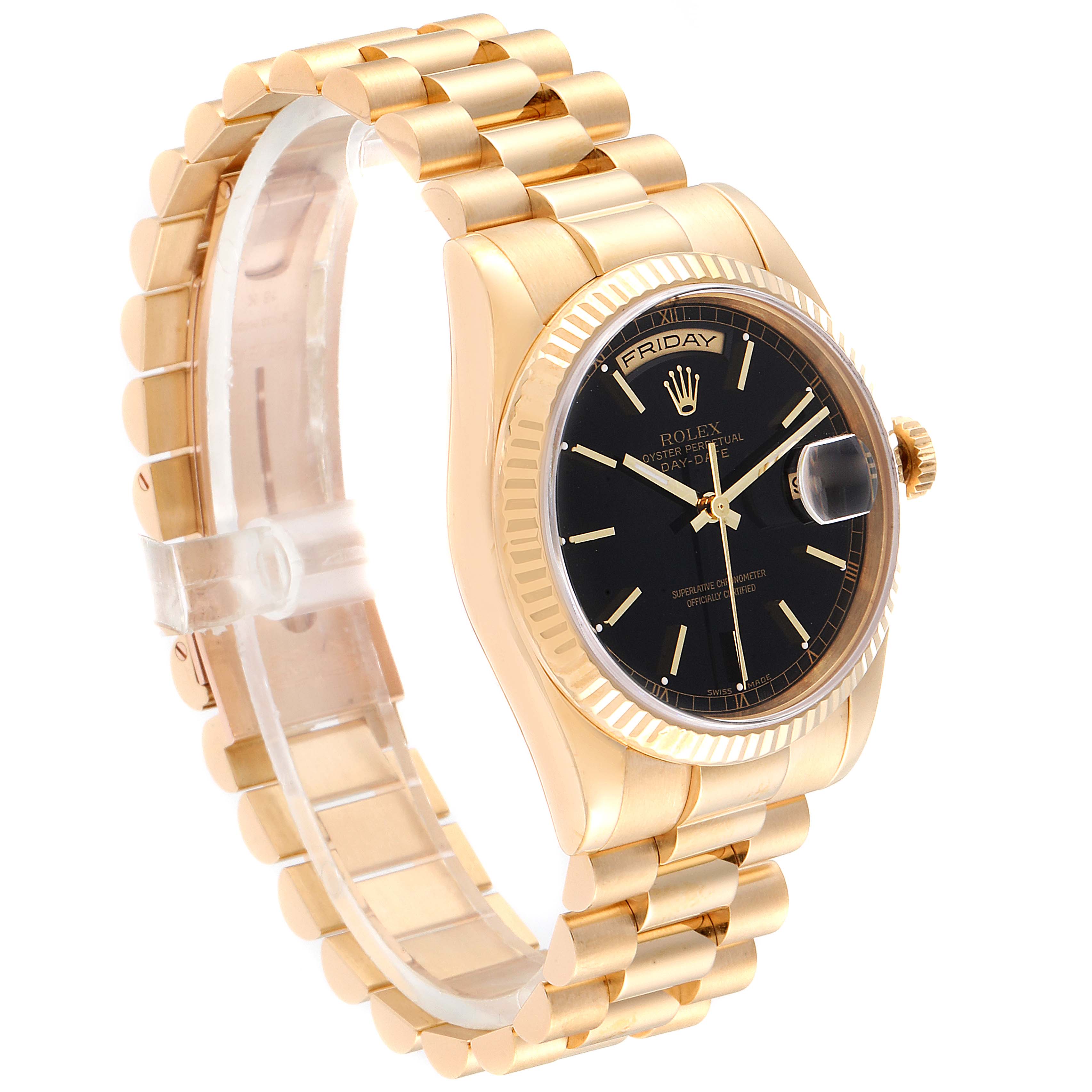 The image shows a Rolex President 118238 Men
s Yellow Gold Black Dial 118238 Men
s Yellow Gold Black Dial model watch at an angled side view displaying the dial, bezel, and linked bracelet.