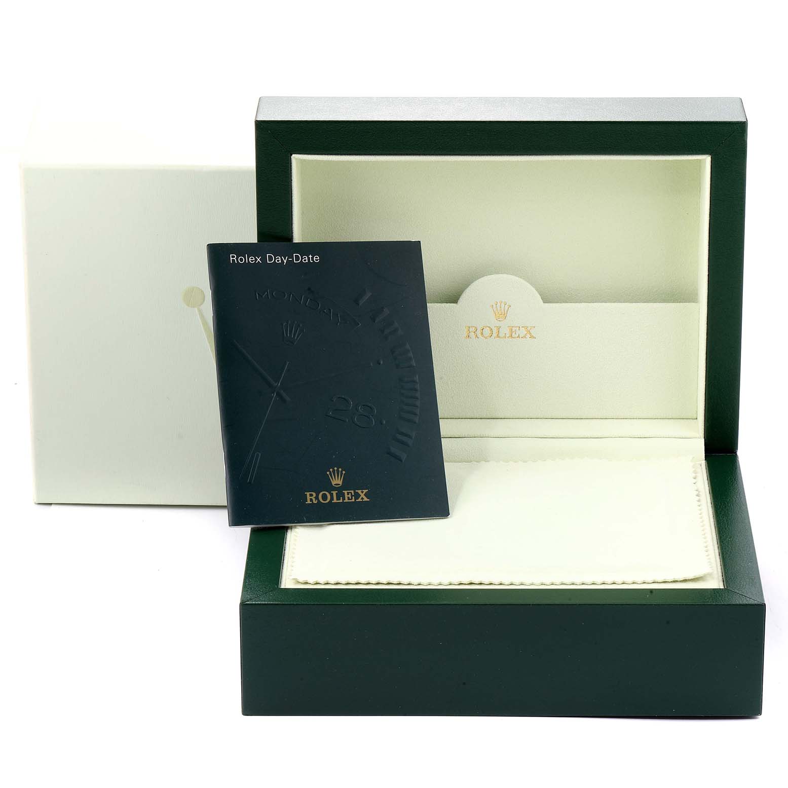 The image shows the packaging, box, and manual for a Rolex President 118238 Men
s Yellow Gold Black Dial 118238 Men
s Yellow Gold Black Dial model watch, viewed from the front.