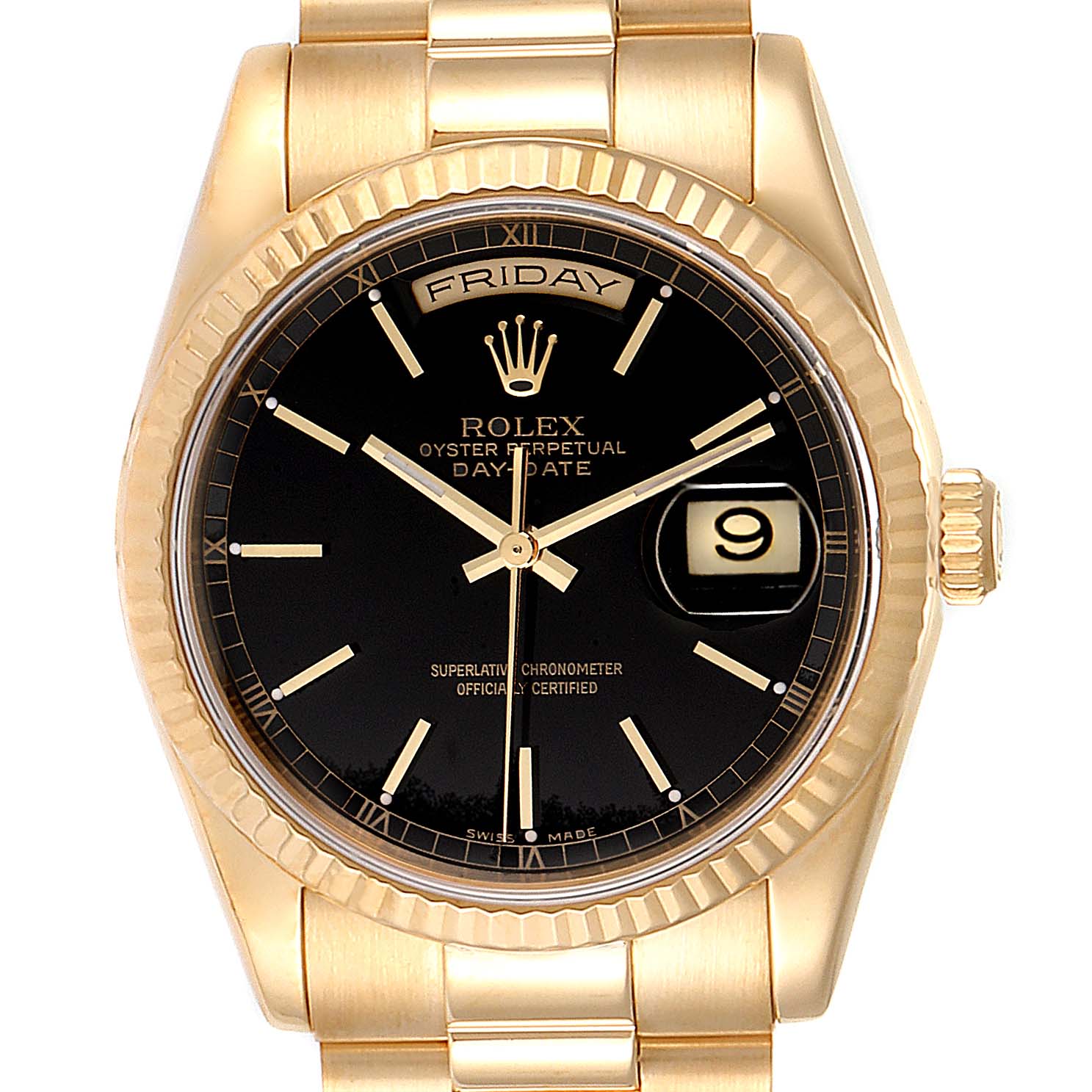 This image shows a front view of a Rolex President 118238 Men
s Yellow Gold Black Dial 118238 Men
s Yellow Gold Black Dial model watch, highlighting its black dial, day-date display, and gold band.
