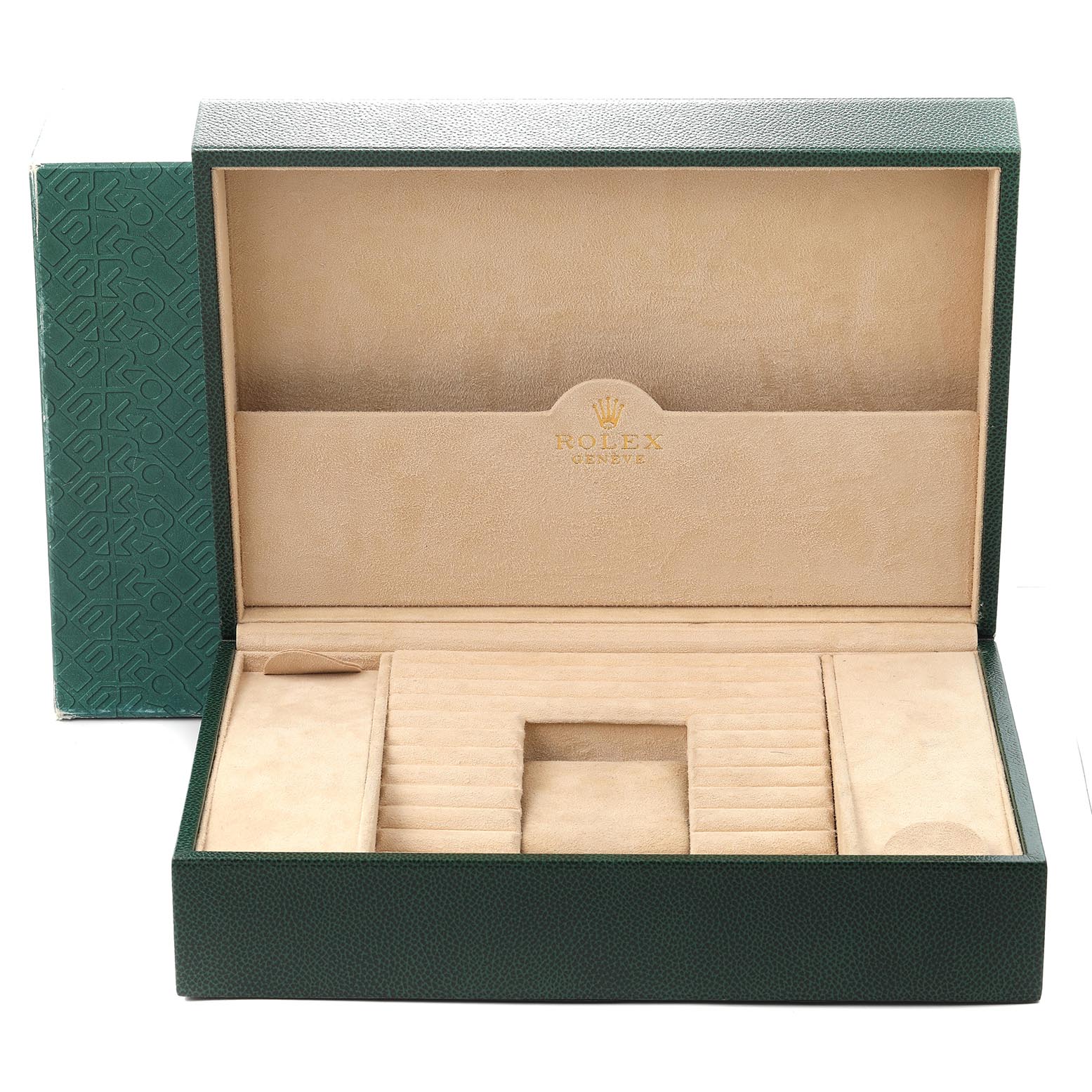 The image shows an open Rolex President 18346 Men's Platinum Silver Dial 18346 Men's Platinum Silver Dial watch box with compartments at a straight-on angle.