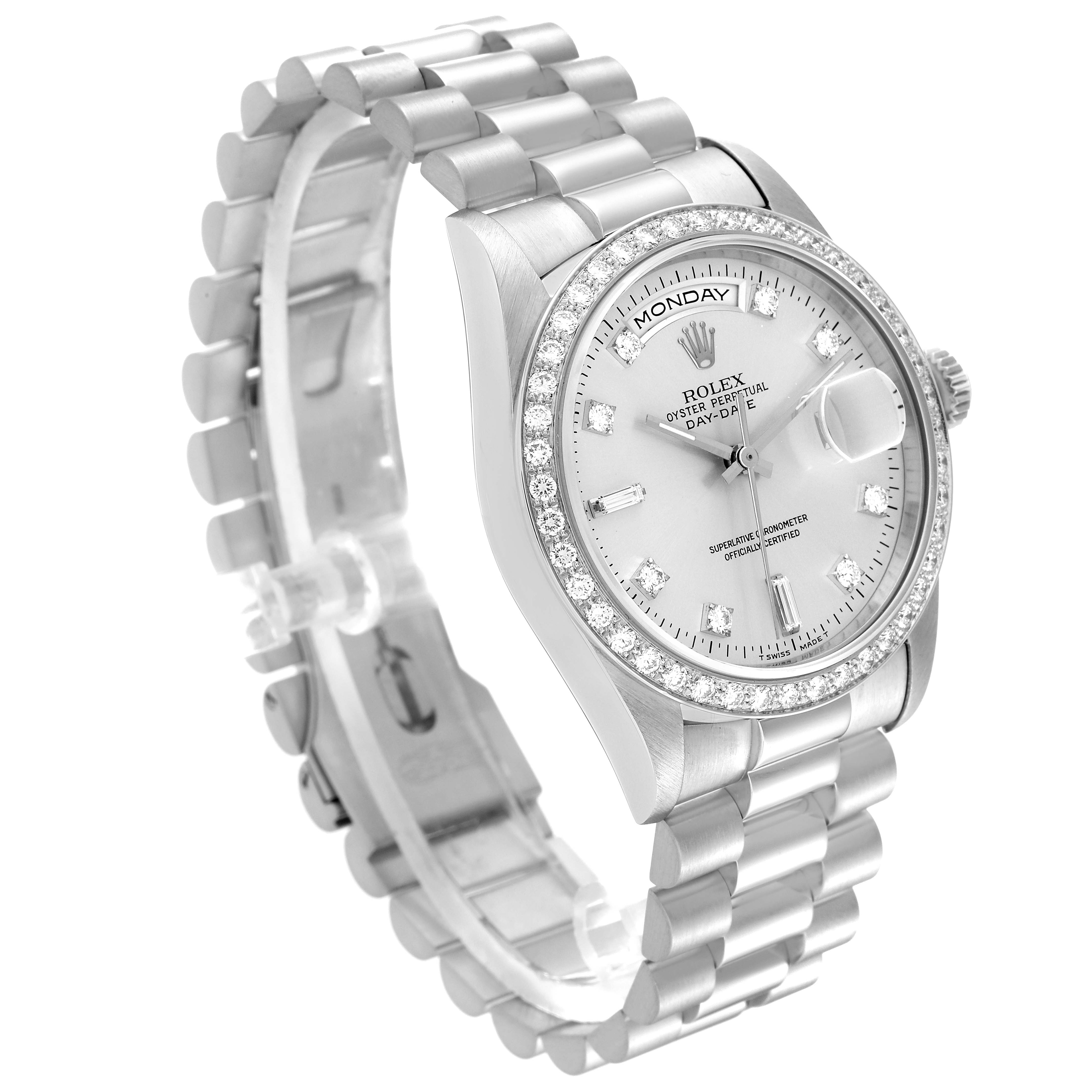 The Rolex President 18346 Men's Platinum Silver Dial 18346 Men's Platinum Silver Dial model watch is shown from a front angle, displaying its bracelet, bezel, dial, and crown.