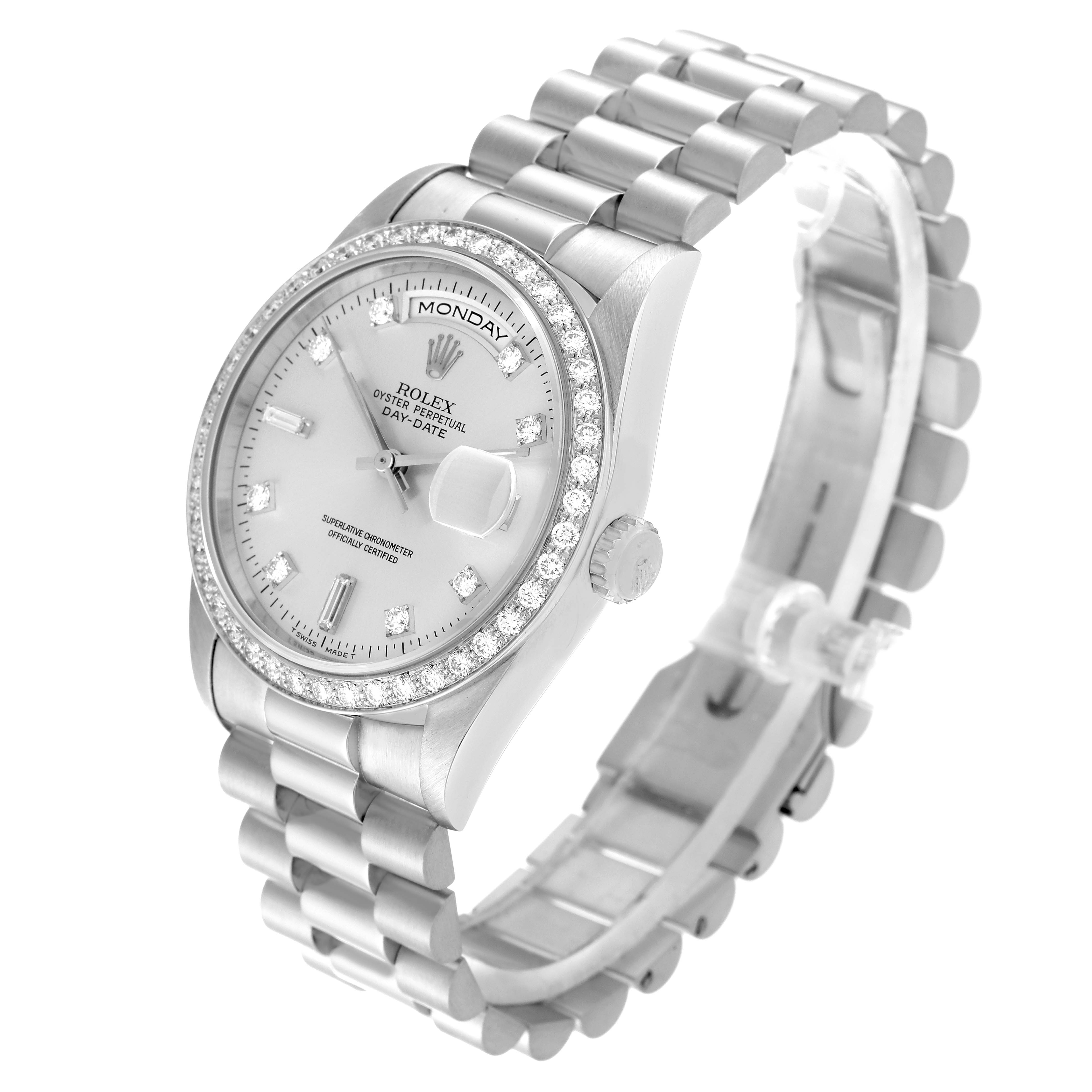 The image shows a Rolex President 18346 Men's Platinum Silver Dial 18346 Men's Platinum Silver Dial model watch at a three-quarter angle, highlighting the face, bezel, and bracelet.