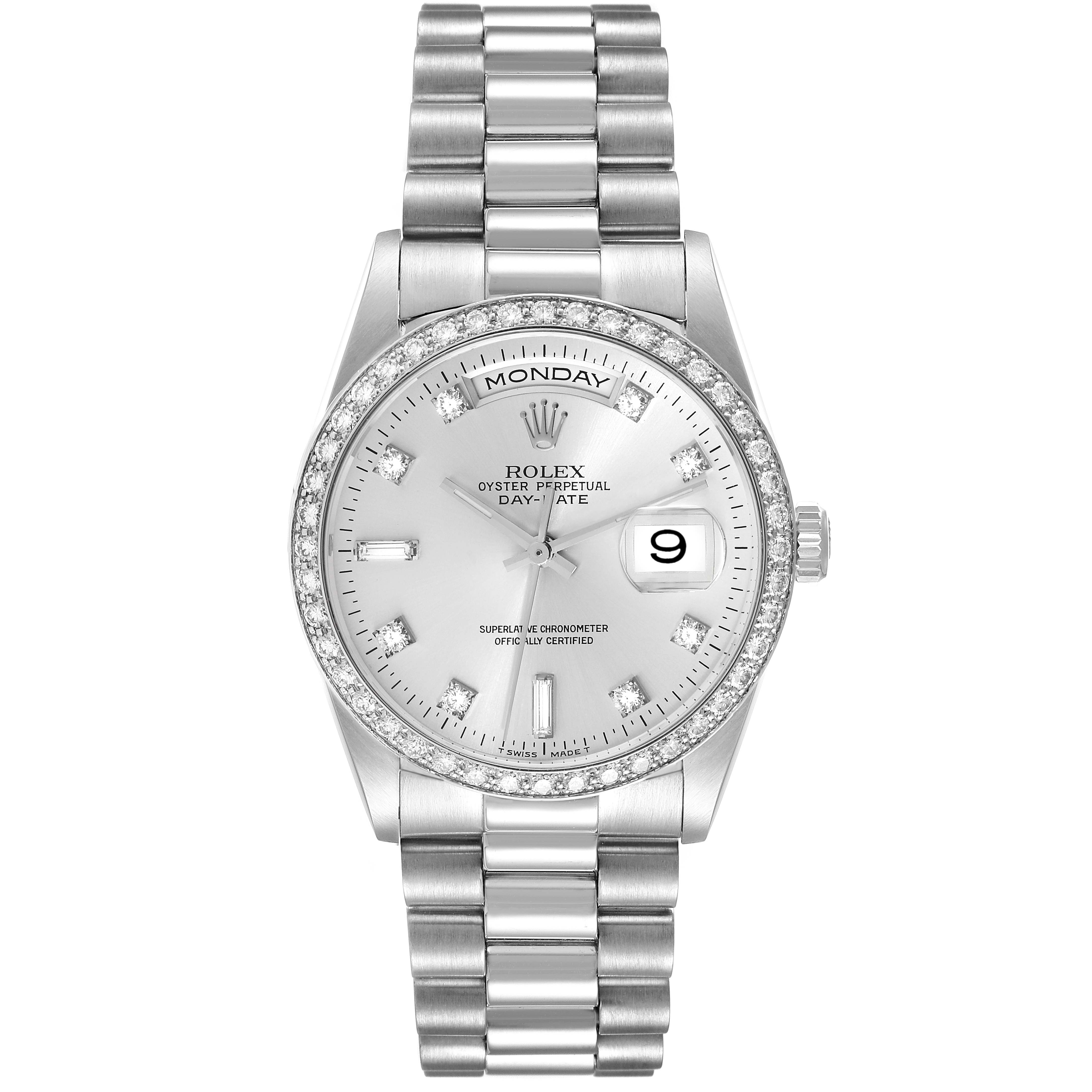 The Rolex President 18346 Men's Platinum Silver Dial 18346 Men's Platinum Silver Dial model watch is shown in a front-facing view, displaying the dial, bezel, and bracelet.