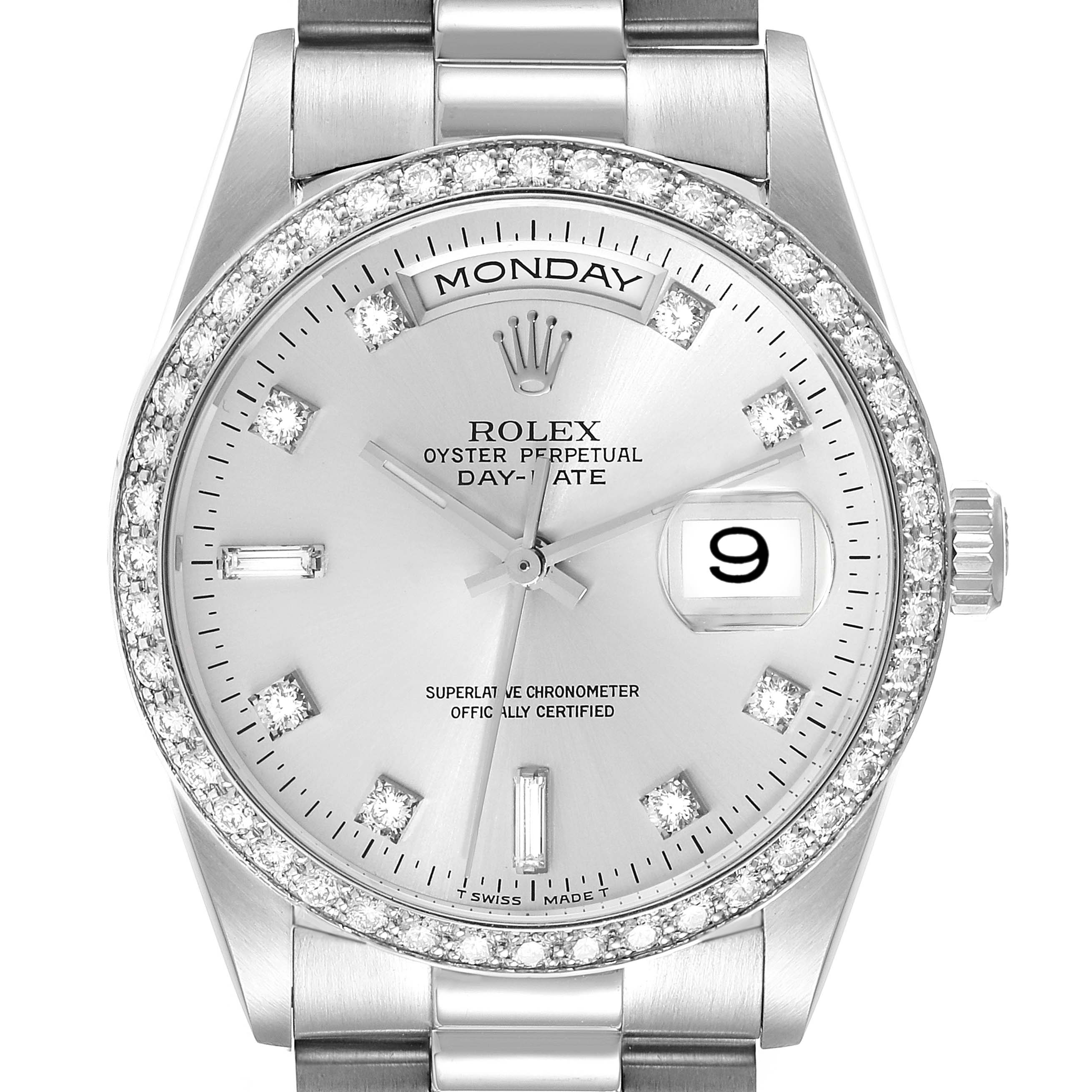 The image shows a frontal view of the Rolex President 18346 Men's Platinum Silver Dial 18346 Men's Platinum Silver Dial model watch, highlighting the face, bezel, and part of the bracelet.
