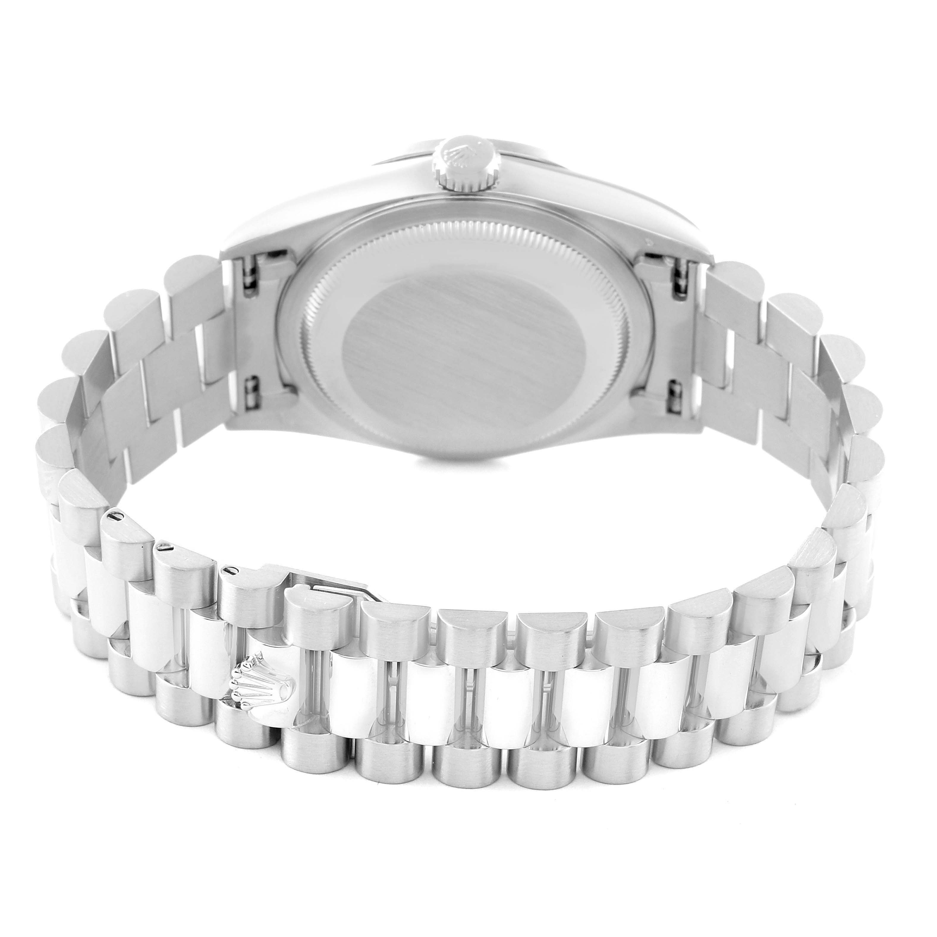 The image shows the back case and bracelet of a Rolex President 18346 Men's Platinum Silver Dial 18346 Men's Platinum Silver Dial model watch, highlighting the clasp and links.