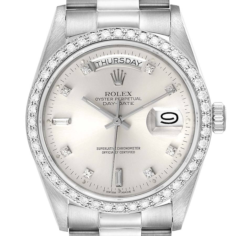 Rolex President Day-Date White Gold Diamond Dial Bezel Watch 18049 SwissWatchExpo