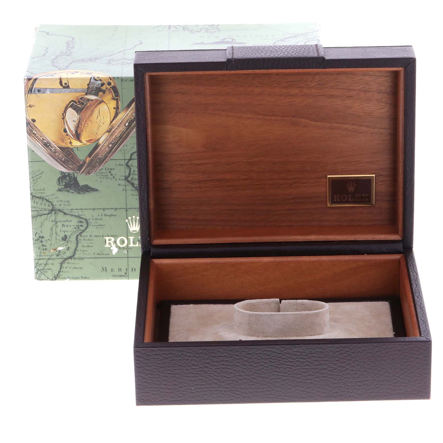 The image shows an open Rolex watch box for the President model, displaying the inner suede cushion and the outer packaging.