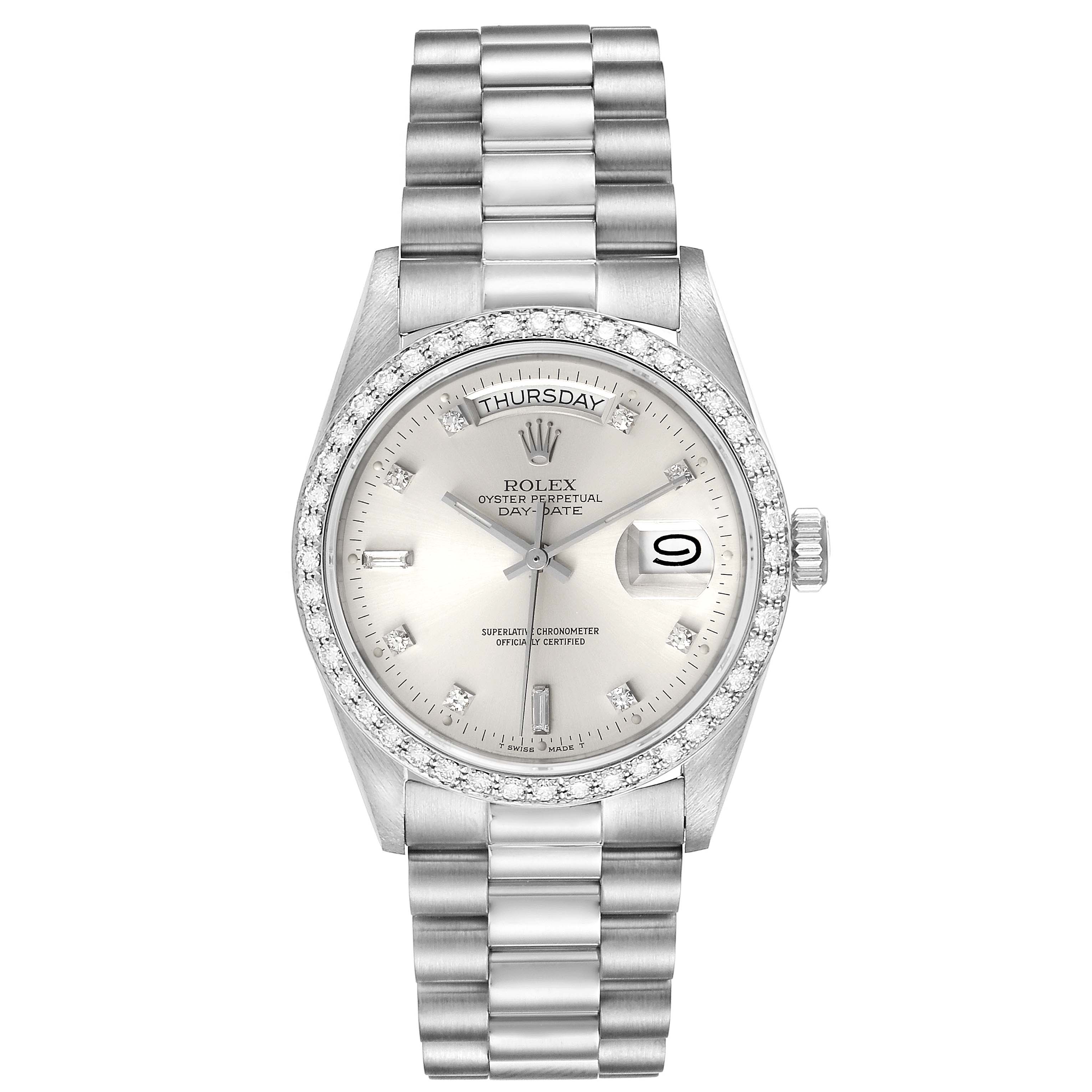 This image shows a frontal view of a Rolex President 18049 Men
s White Gold Silver Dial 18049 Men
s White Gold Silver Dial model watch, displaying its dial, bezel, day, and date functions.