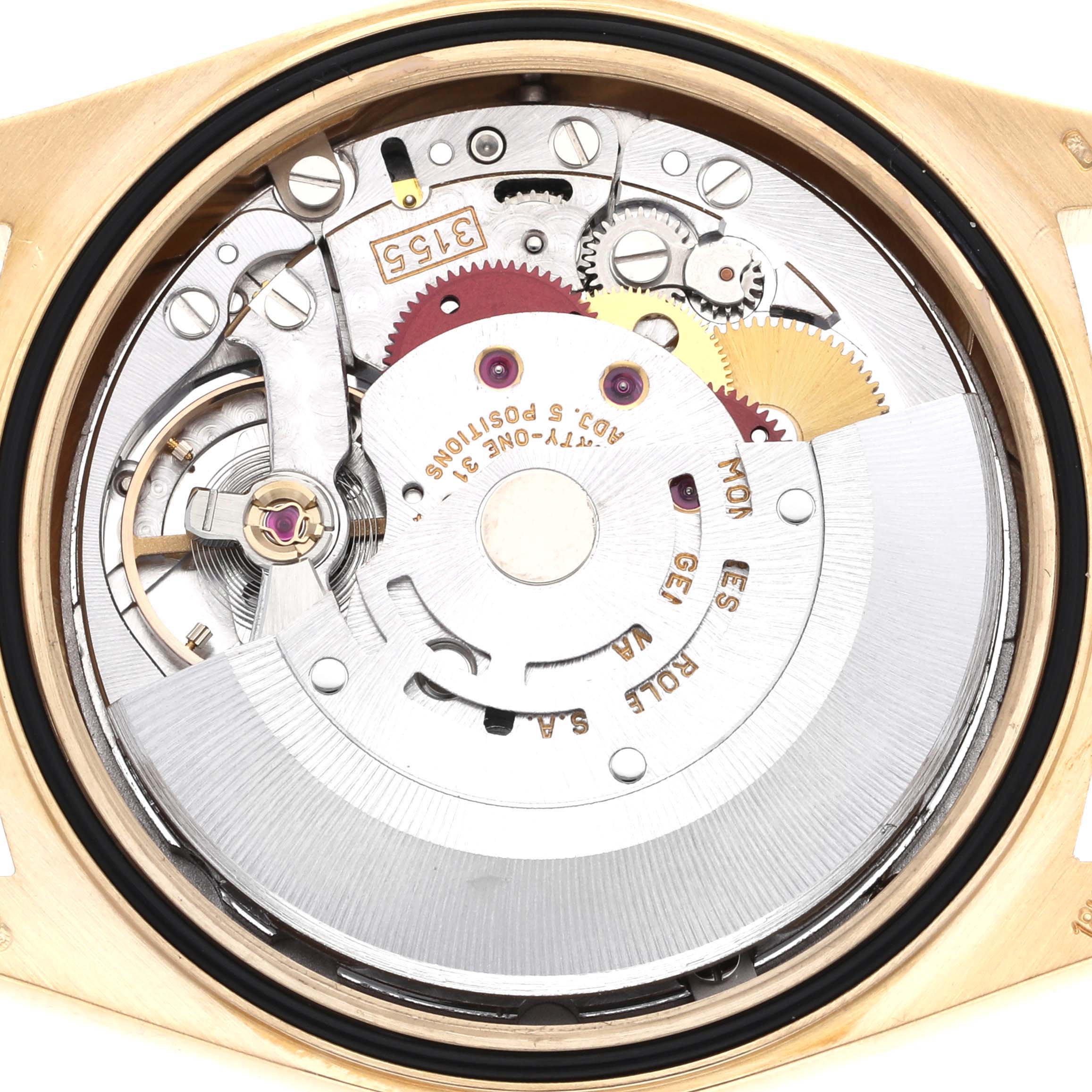 The image shows the movement and internal components of a Rolex President 18238 Men's Yellow Gold Champagne Dial model from a top-down angle.