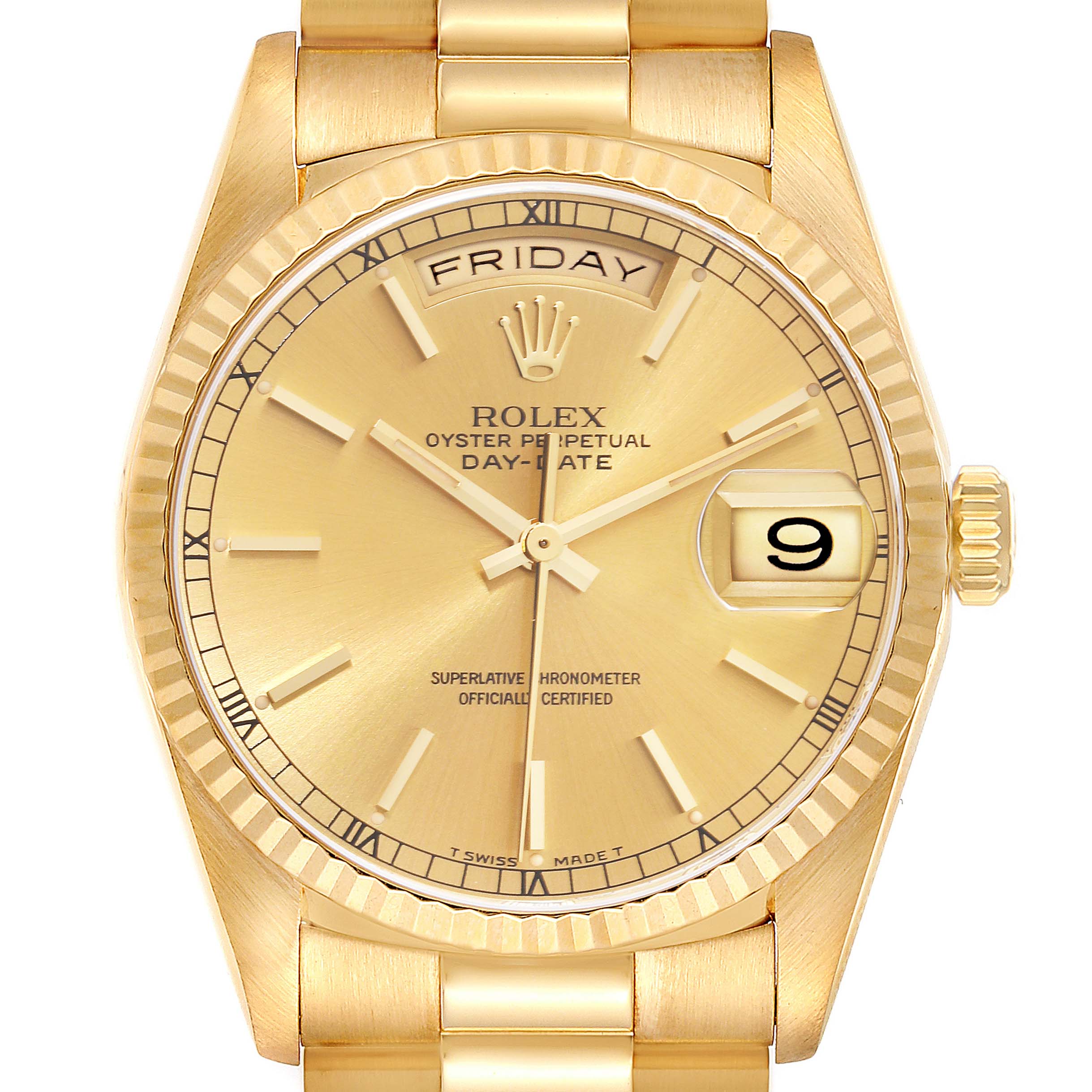 The Rolex President 18238 Men's Yellow Gold Champagne Dial model is shown from a frontal angle, highlighting the dial, day-date windows, bezel, and bracelet.