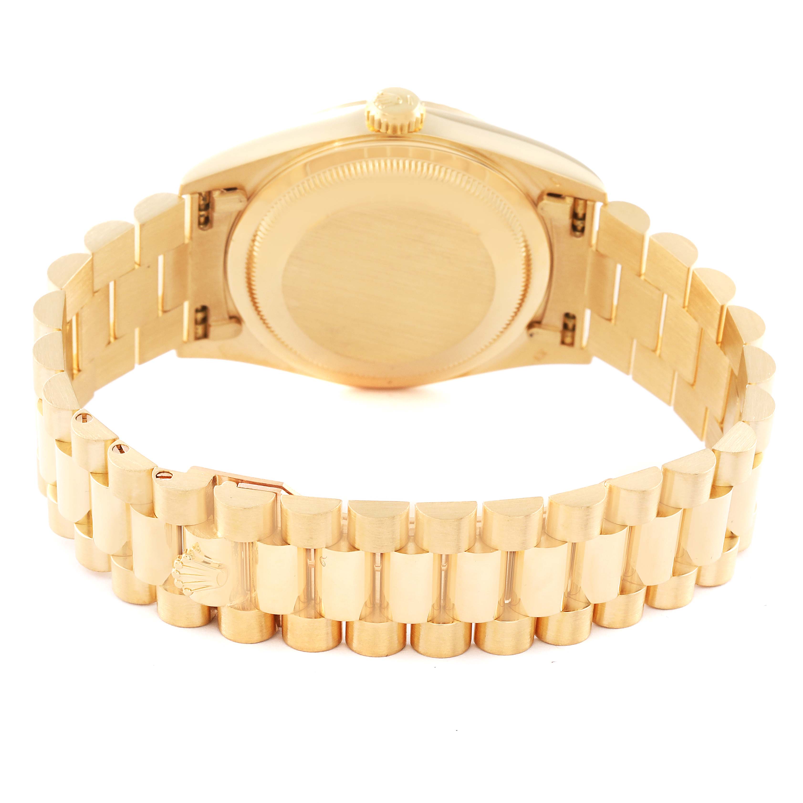 The Rolex President 18238 Men's Yellow Gold Champagne Dial model is shown from the back, highlighting the case and gold bracelet.