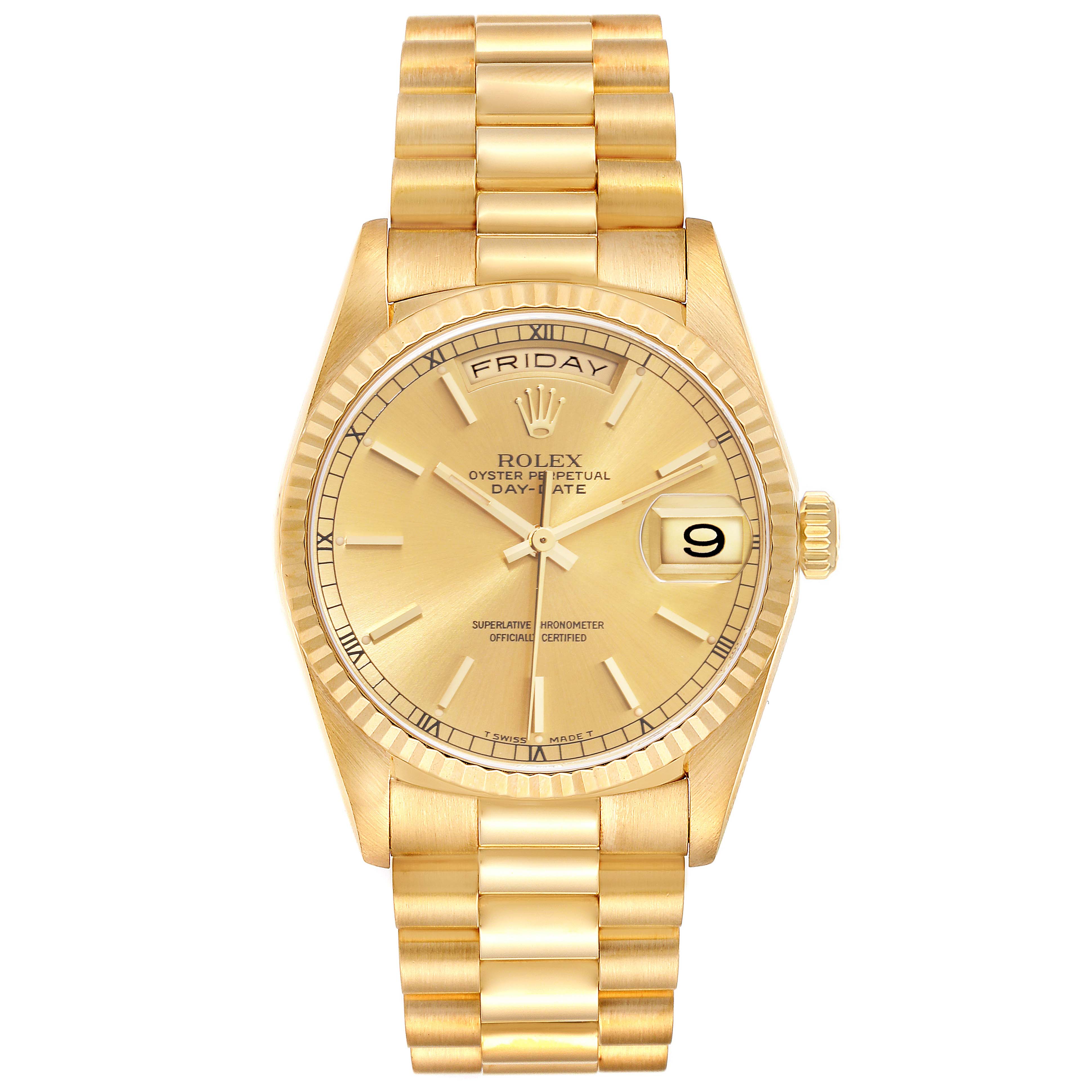The Rolex President 18238 Men's Yellow Gold Champagne Dial model watch is shown from a frontal angle, displaying the dial, bezel, bracelet, and crown.