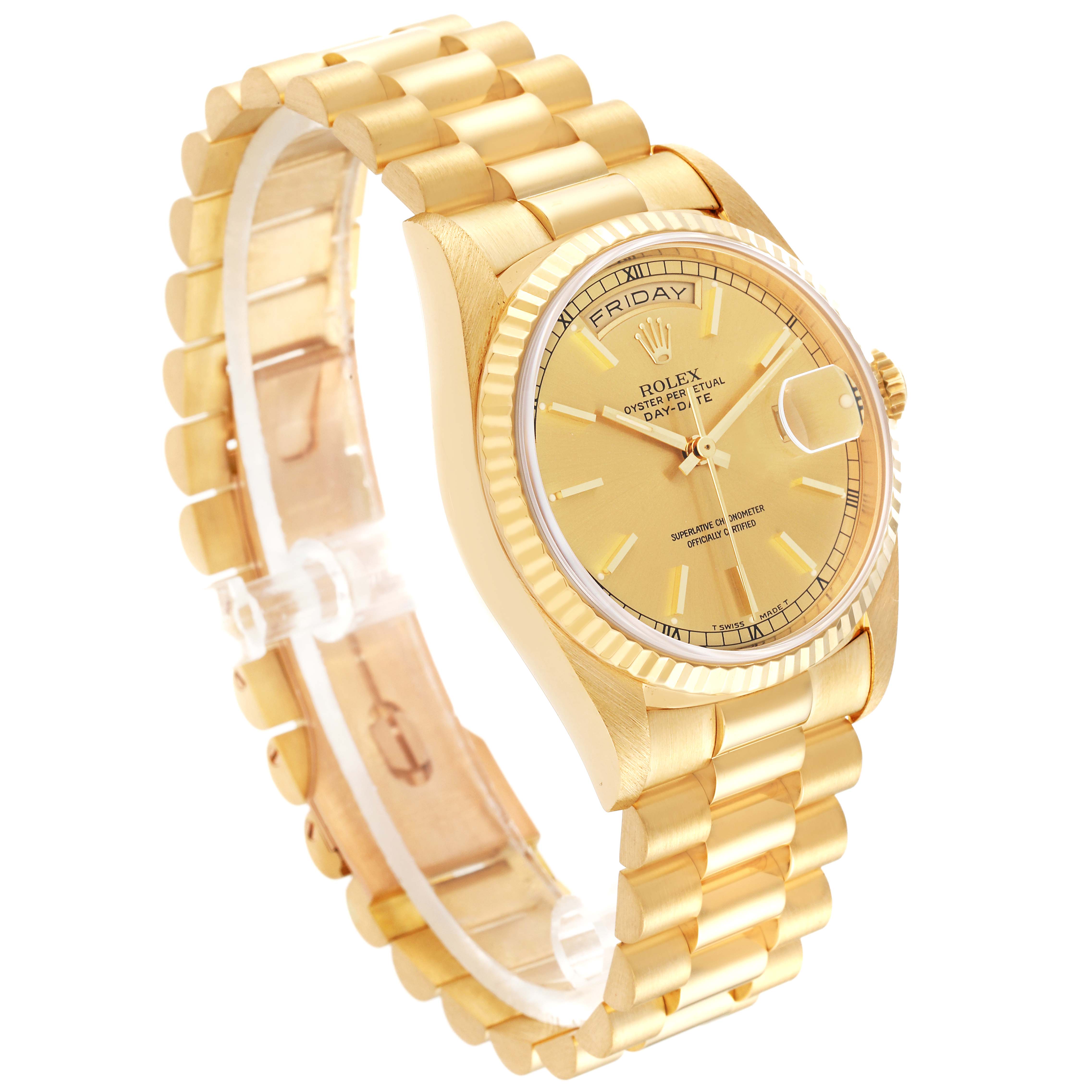 The Rolex President 18238 Men's Yellow Gold Champagne Dial model watch is shown at a three-quarter angle, displaying the gold bracelet, bezel, and dial with day and date features.