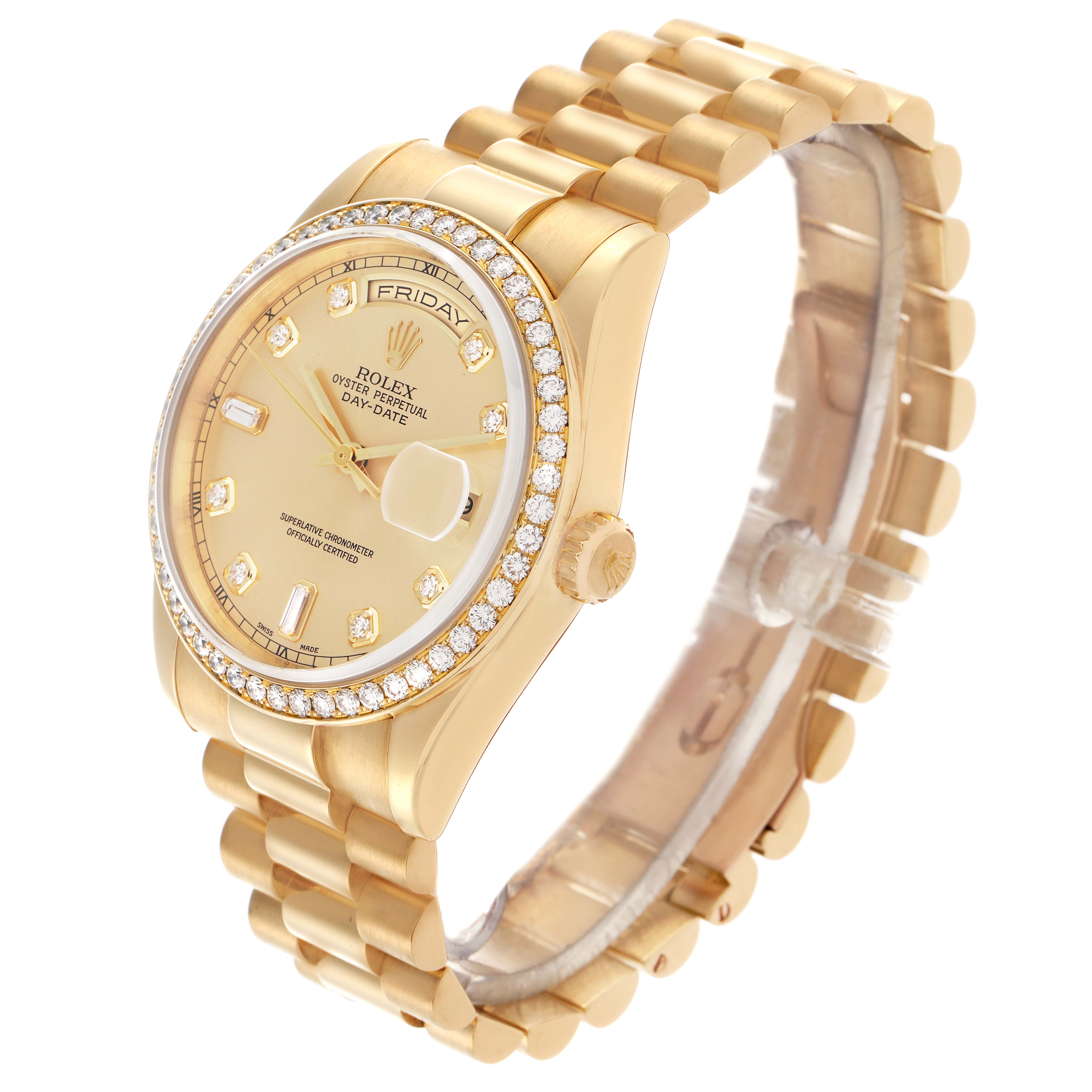 The Rolex President 118348 Men's Yellow Gold Champagne Dial 118348 Men's Yellow Gold Champagne Dial watch is shown at a three-quarter angle, highlighting the bracelet, bezel, and dial with day-date feature.