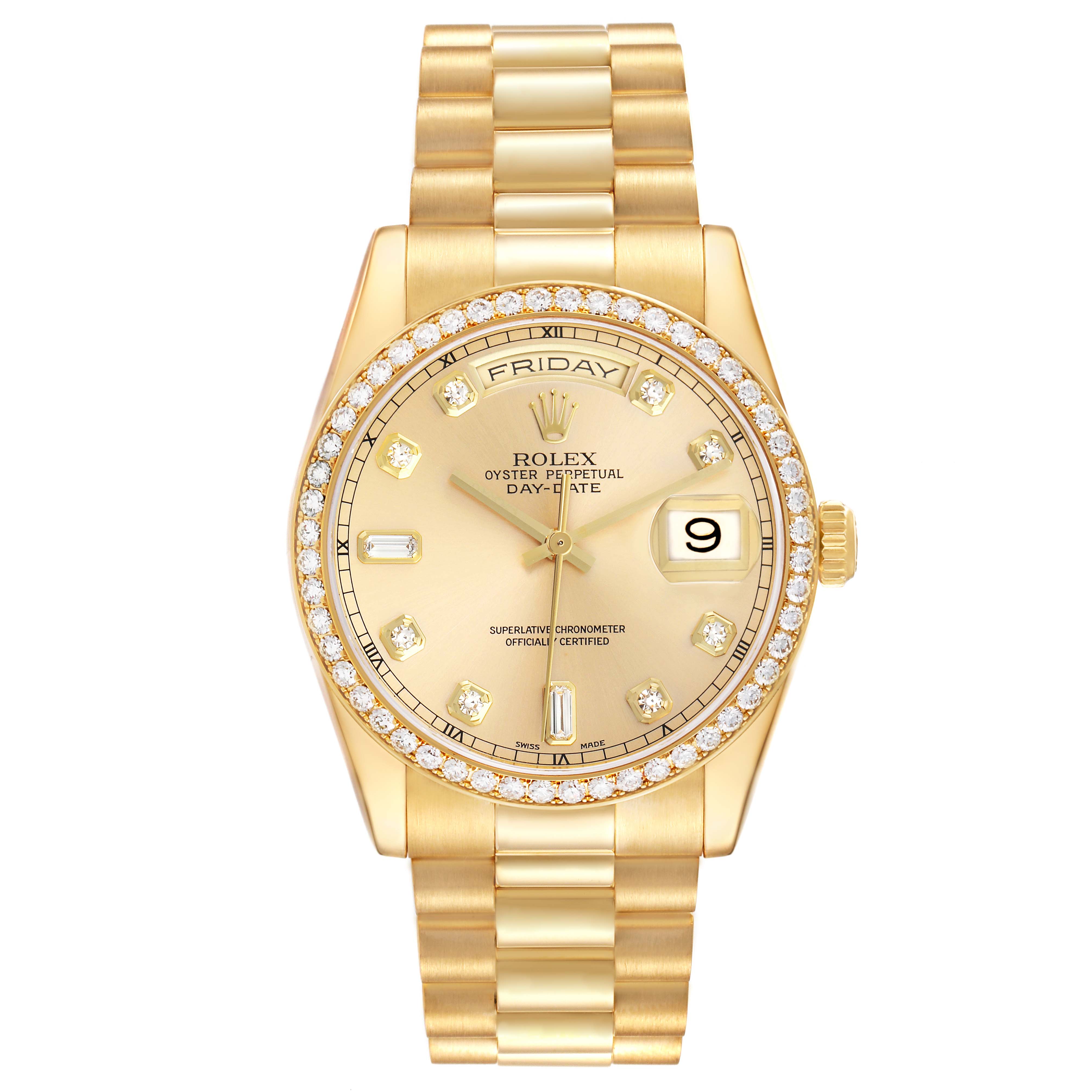 The Rolex President 118348 Men's Yellow Gold Champagne Dial 118348 Men's Yellow Gold Champagne Dial model watch is shown from a top-down angle, displaying the face, bezel, and bracelet.