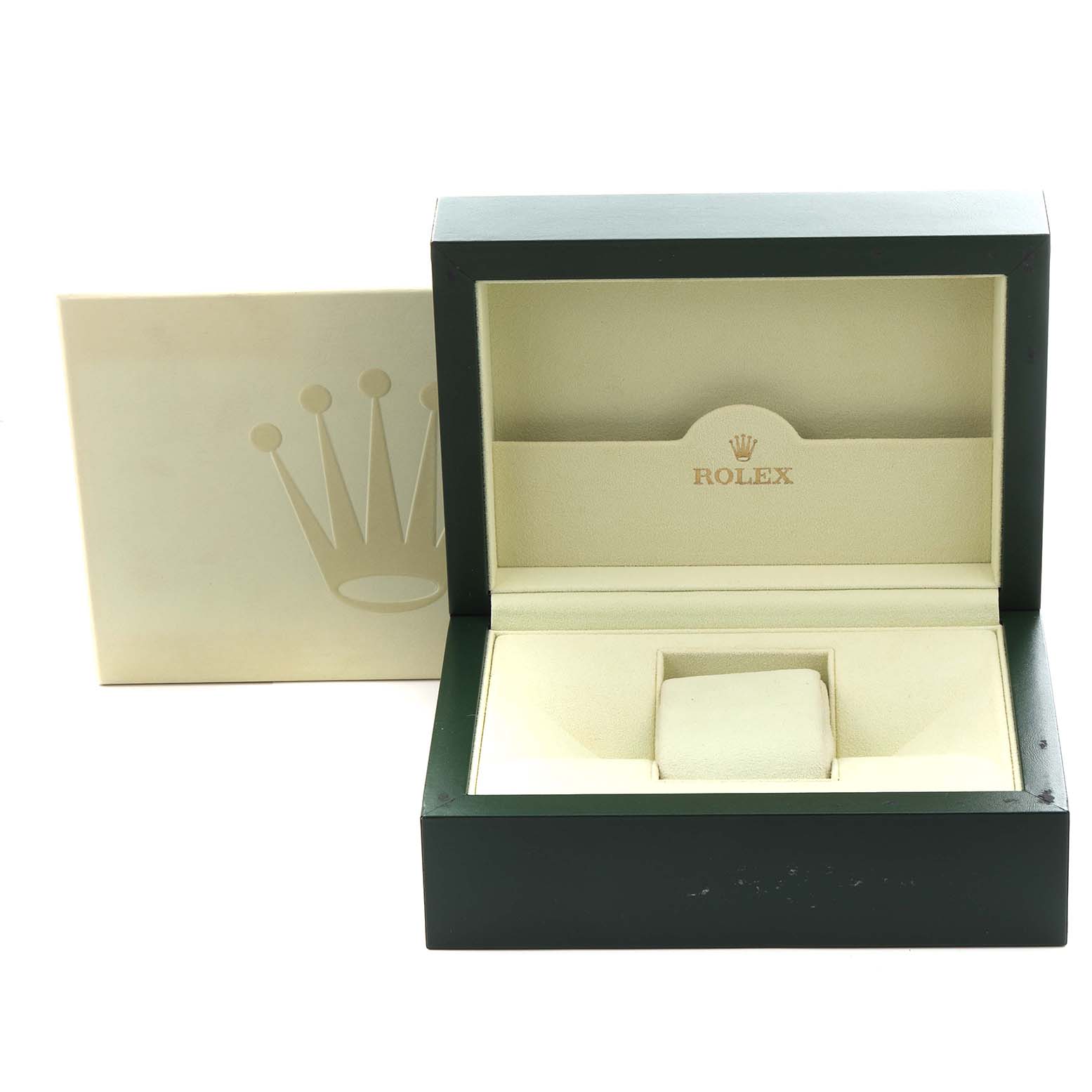 The image shows an open Rolex President 118348 Men's Yellow Gold Champagne Dial 118348 Men's Yellow Gold Champagne Dial watch box with its interior and cushion visible.