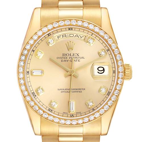 The Rolex President model watch is shown from the front, highlighting its gold case, diamond bezel, day-date display, and bracelet.