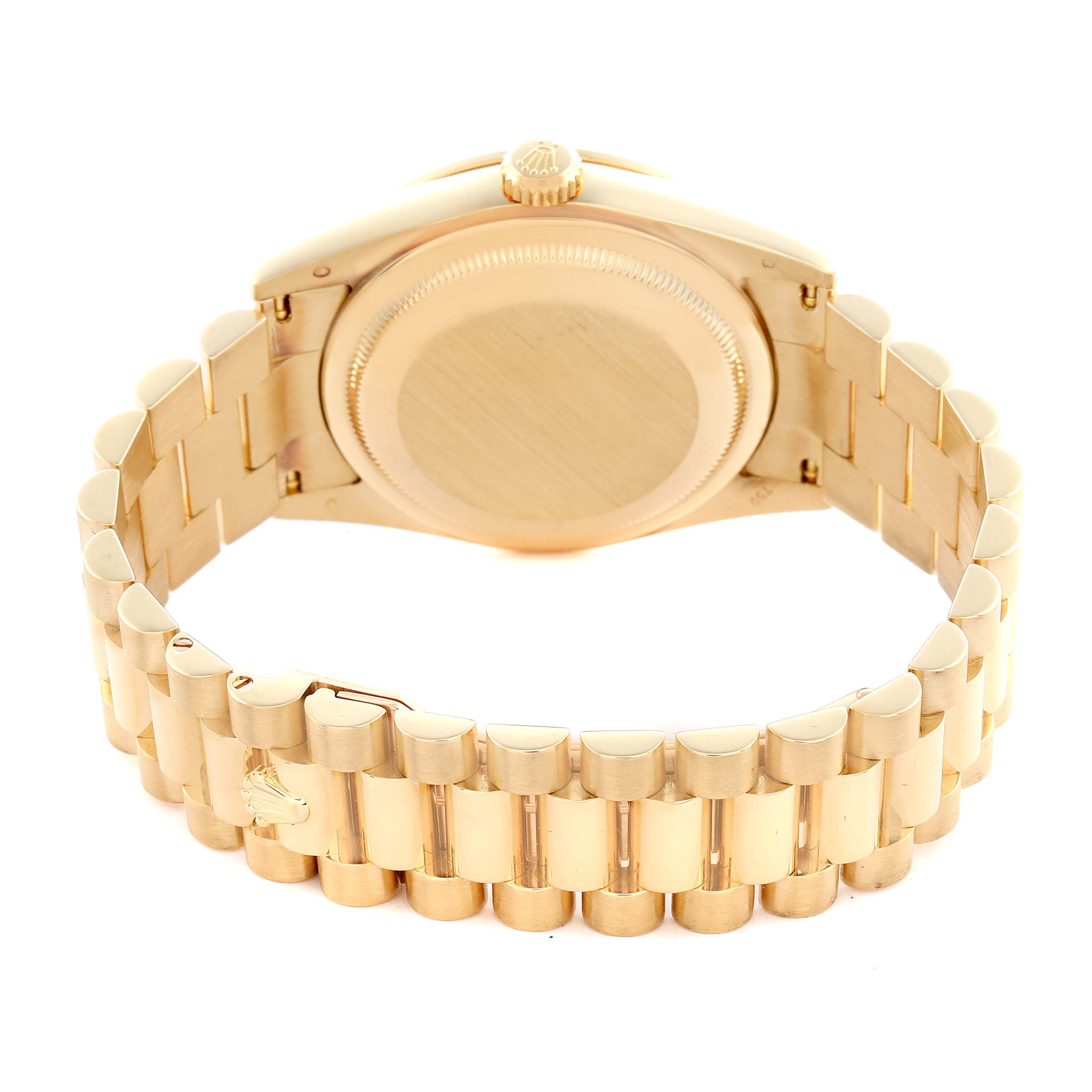 The image shows the back and bracelet of a Rolex President 118348 Men's Yellow Gold Champagne Dial 118348 Men's Yellow Gold Champagne Dial model, highlighting its gold finish and clasp.
