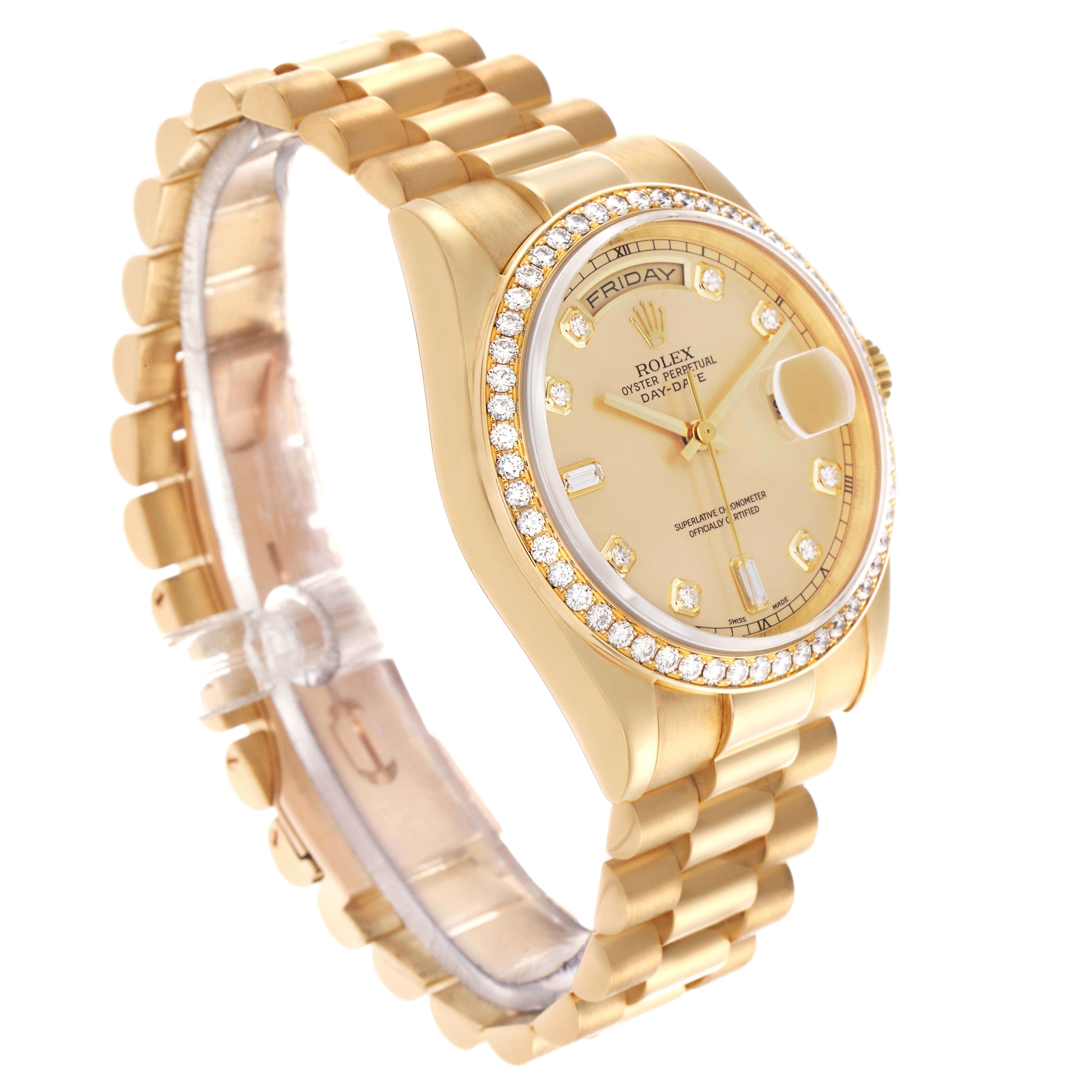 The Rolex President 118348 Men's Yellow Gold Champagne Dial 118348 Men's Yellow Gold Champagne Dial watch is shown at a slight angle, highlighting its gold case, diamond bezel, and bracelet.