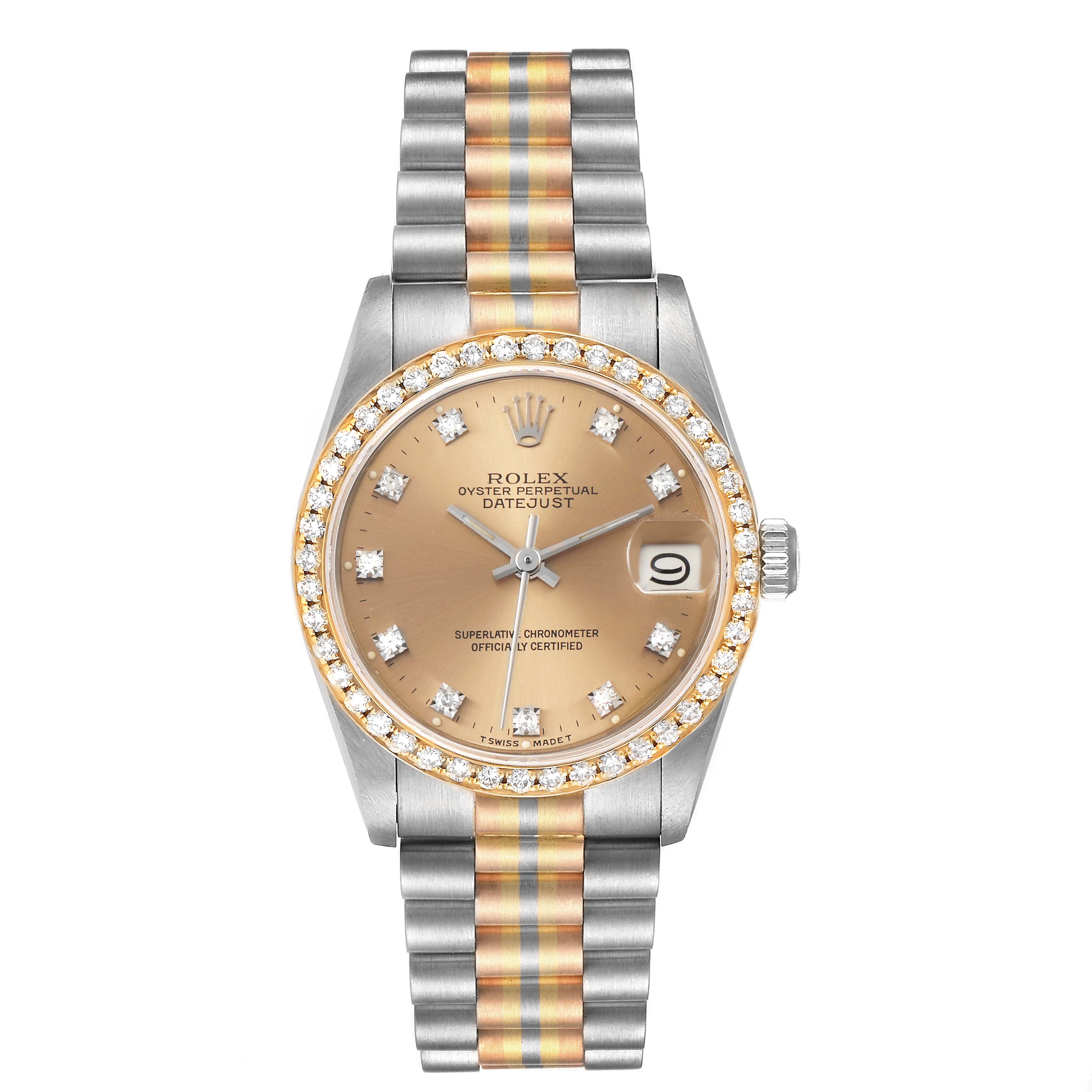 The image shows a front view of the Rolex President 68149 Women's White Gold Brown Dial 68149 Women's White Gold Brown Dial Datejust model, highlighting its dial, bezel, and part of the bracelet.