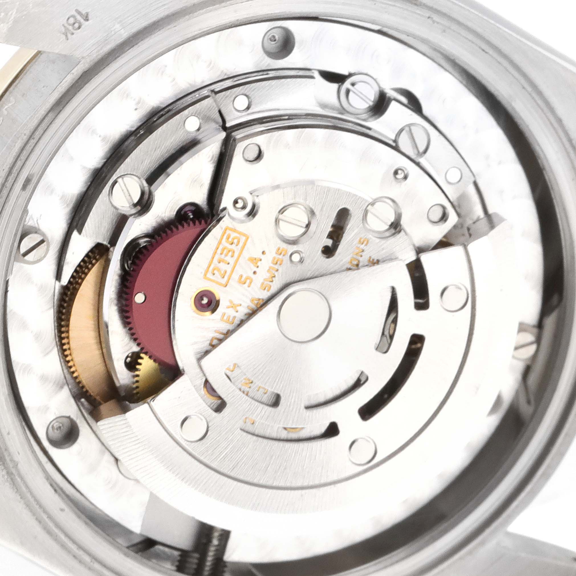 This image shows a close-up of the movement mechanism inside the Rolex President 68149 Women's White Gold Brown Dial 68149 Women's White Gold Brown Dial model watch.