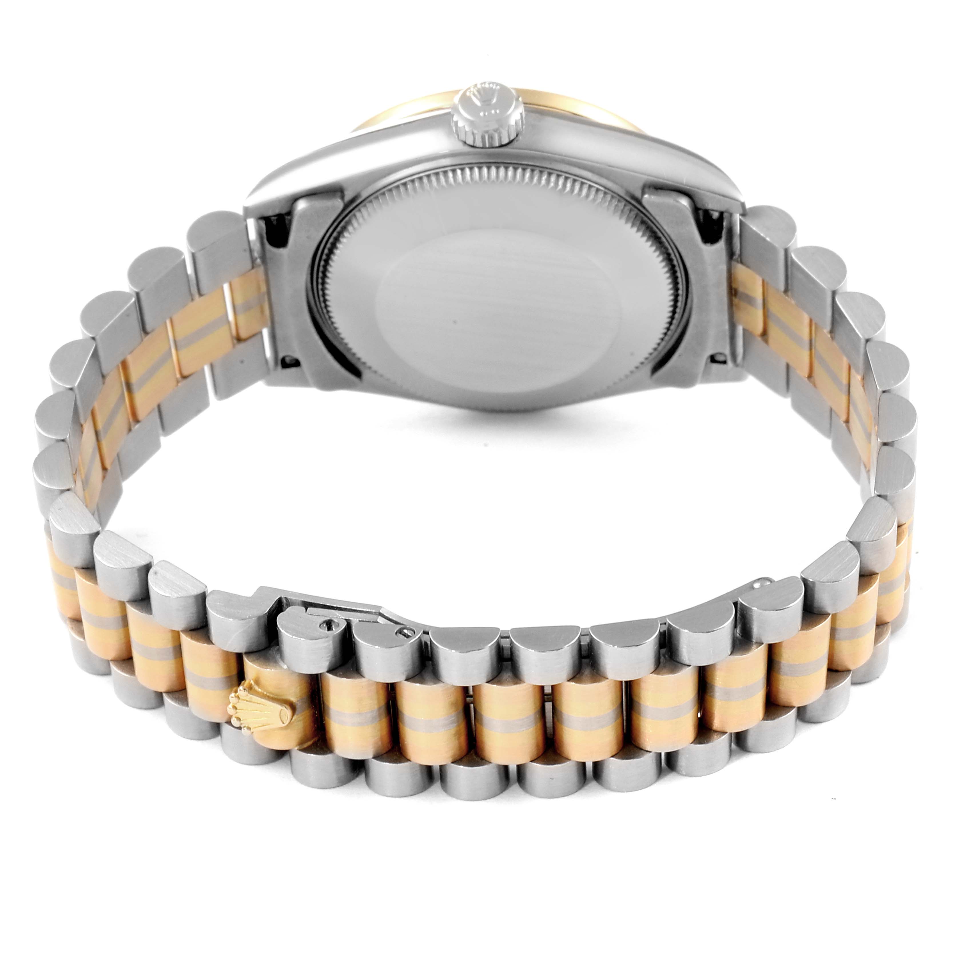 The image shows the backside and bracelet of a Rolex President 68149 Women's White Gold Brown Dial 68149 Women's White Gold Brown Dial model, highlighting the case back and two-tone metal bracelet.