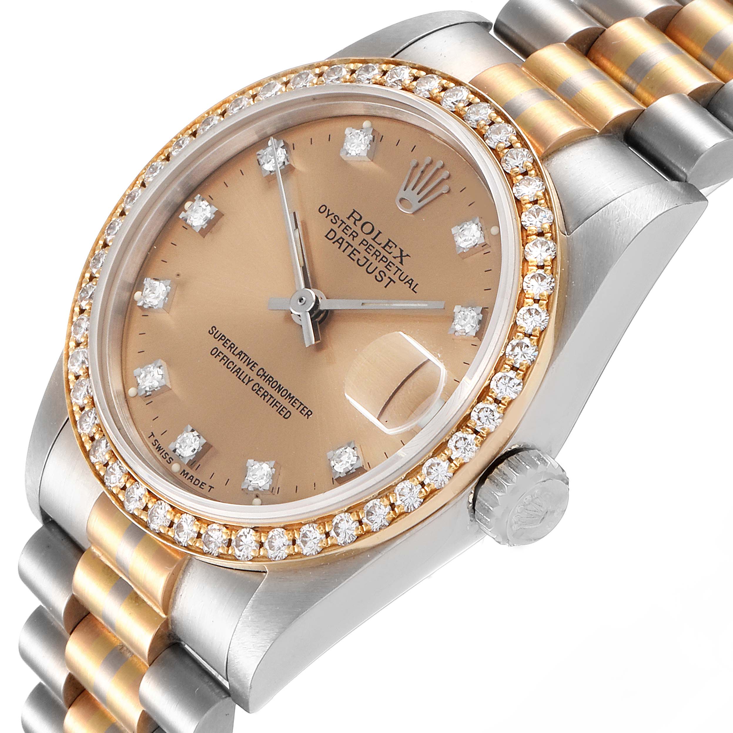 The Rolex President 68149 Women's White Gold Brown Dial 68149 Women's White Gold Brown Dial model watch is shown at an angle displaying its face, bezel with diamonds, and part of the bracelet.