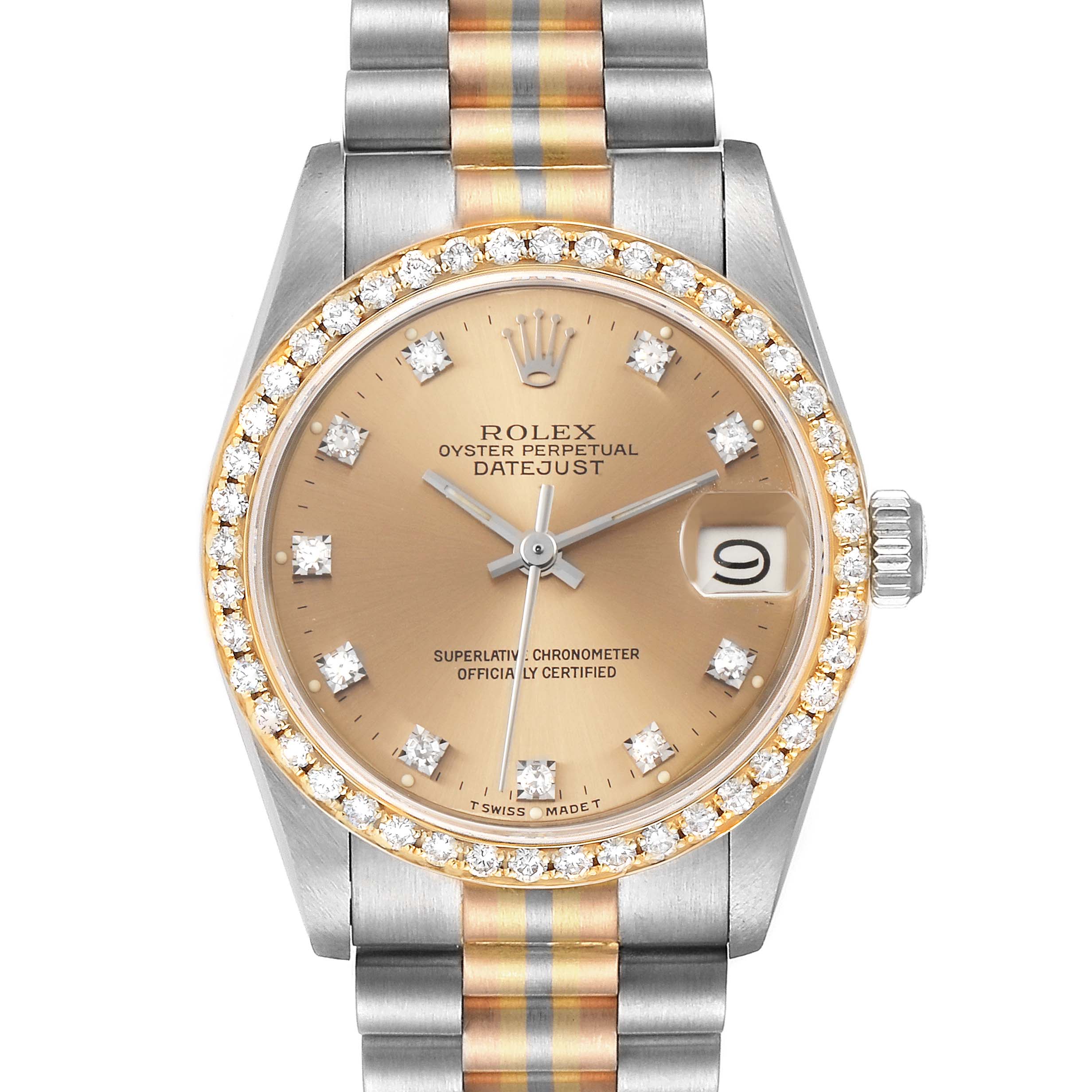 This image shows a Rolex President 68149 Women's White Gold Brown Dial 68149 Women's White Gold Brown Dial model watch from a front view, highlighting the face, bezel, and partial bracelet.