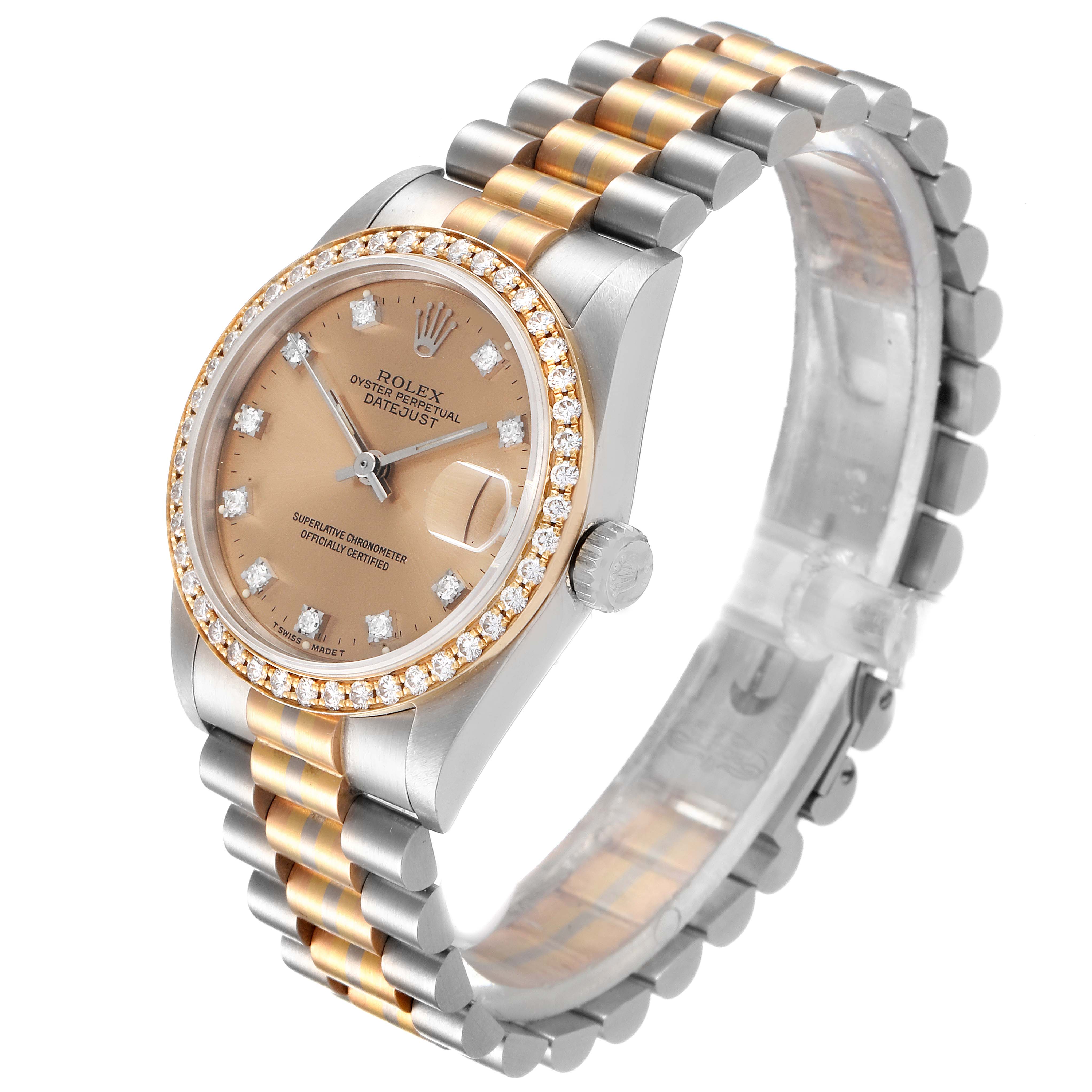 This image shows a Rolex President 68149 Women's White Gold Brown Dial 68149 Women's White Gold Brown Dial model watch from an angled side view highlighting its dial, bezel, and bracelet.