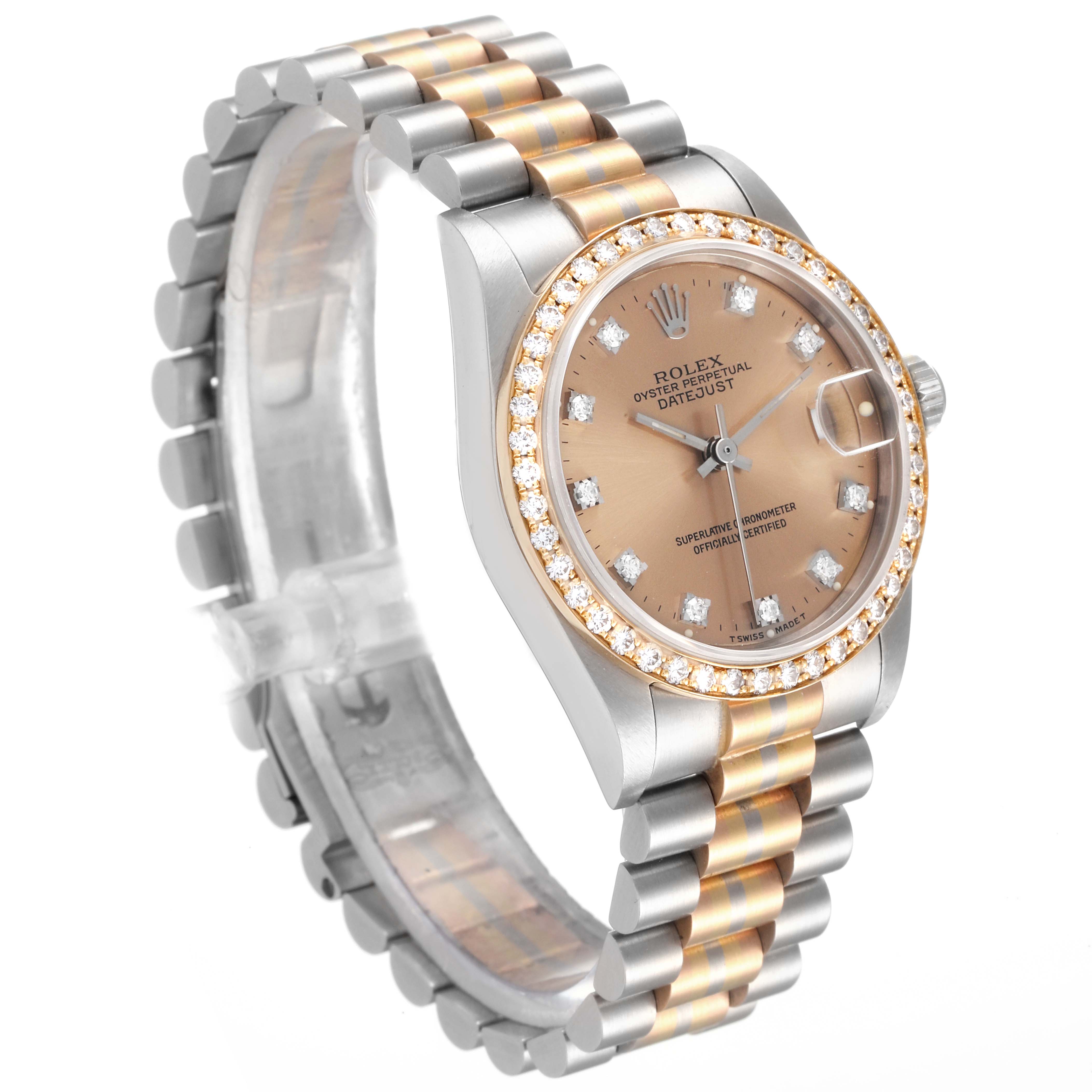 The image shows a Rolex President 68149 Women's White Gold Brown Dial 68149 Women's White Gold Brown Dial model watch at an angle displaying both the face with a diamond bezel and the two-tone bracelet.