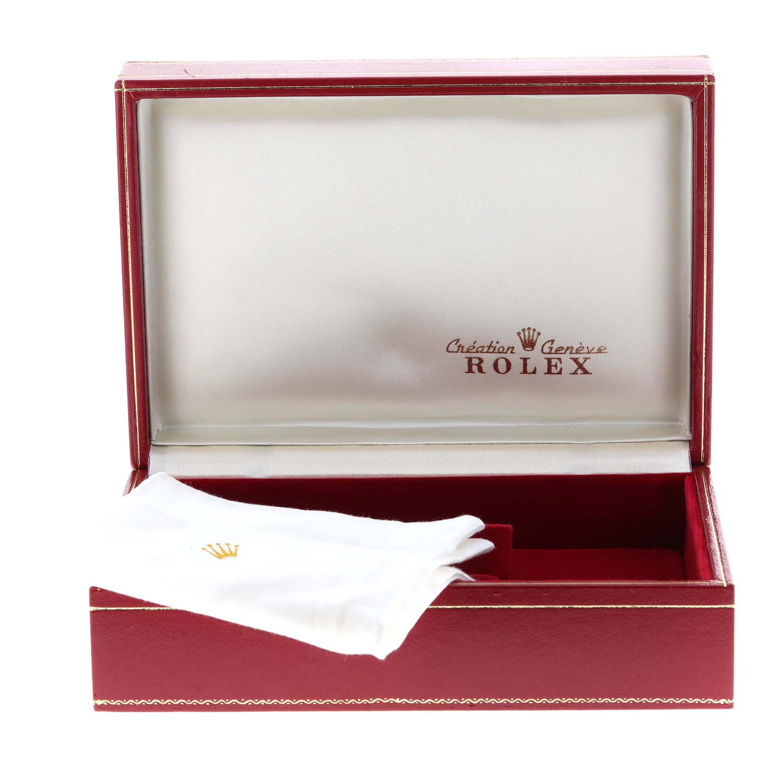 This image shows an open Rolex President 68149 Women's White Gold Brown Dial 68149 Women's White Gold Brown Dial watch box, featuring a white cloth with the Rolex logo.