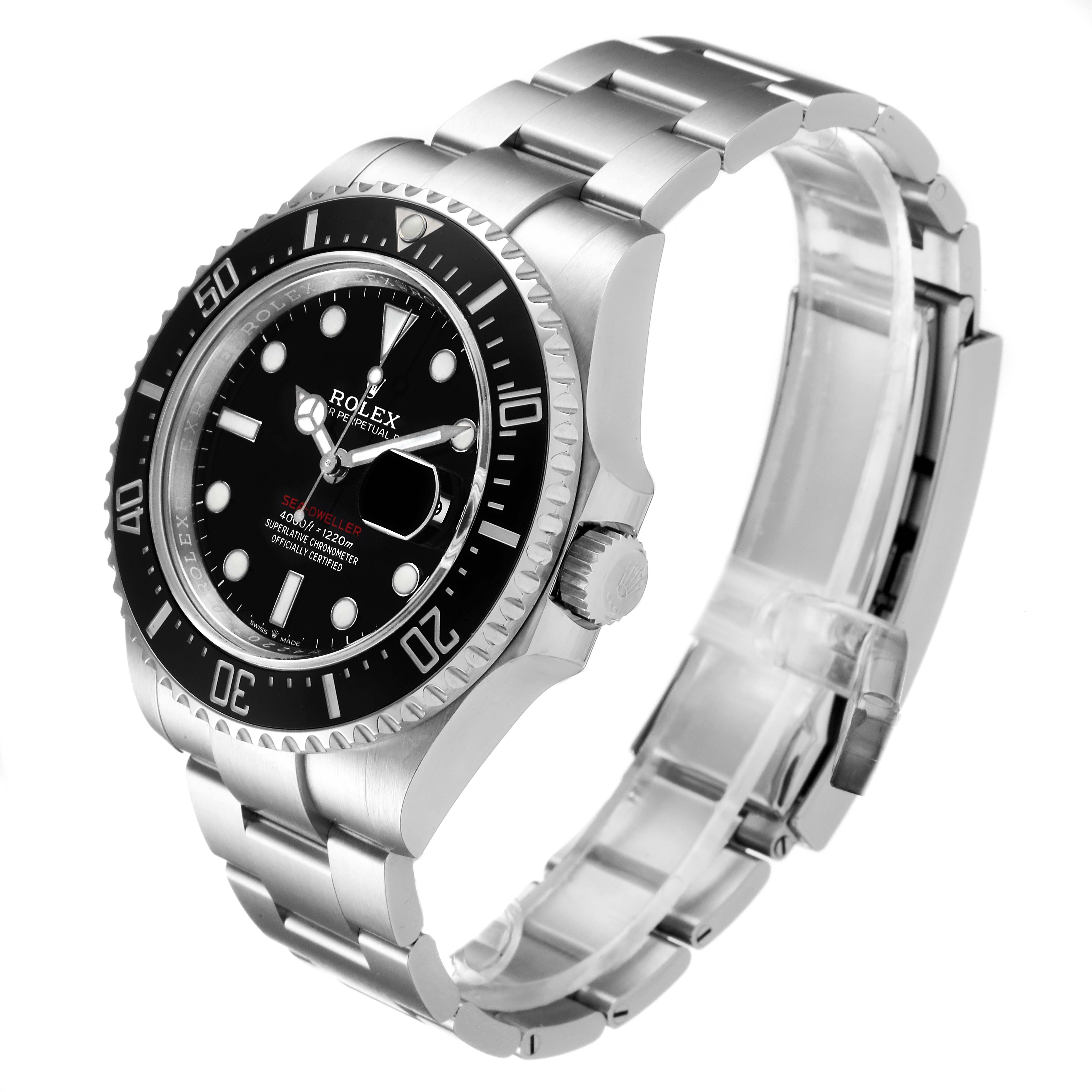 The image shows a Rolex Sea-Dweller 126600 Men
s Stainless Steel Black Dial 126600 Men
s Stainless Steel Black Dial watch at a three-quarter angle, highlighting the dial, bezel, case, crown, and bracelet.