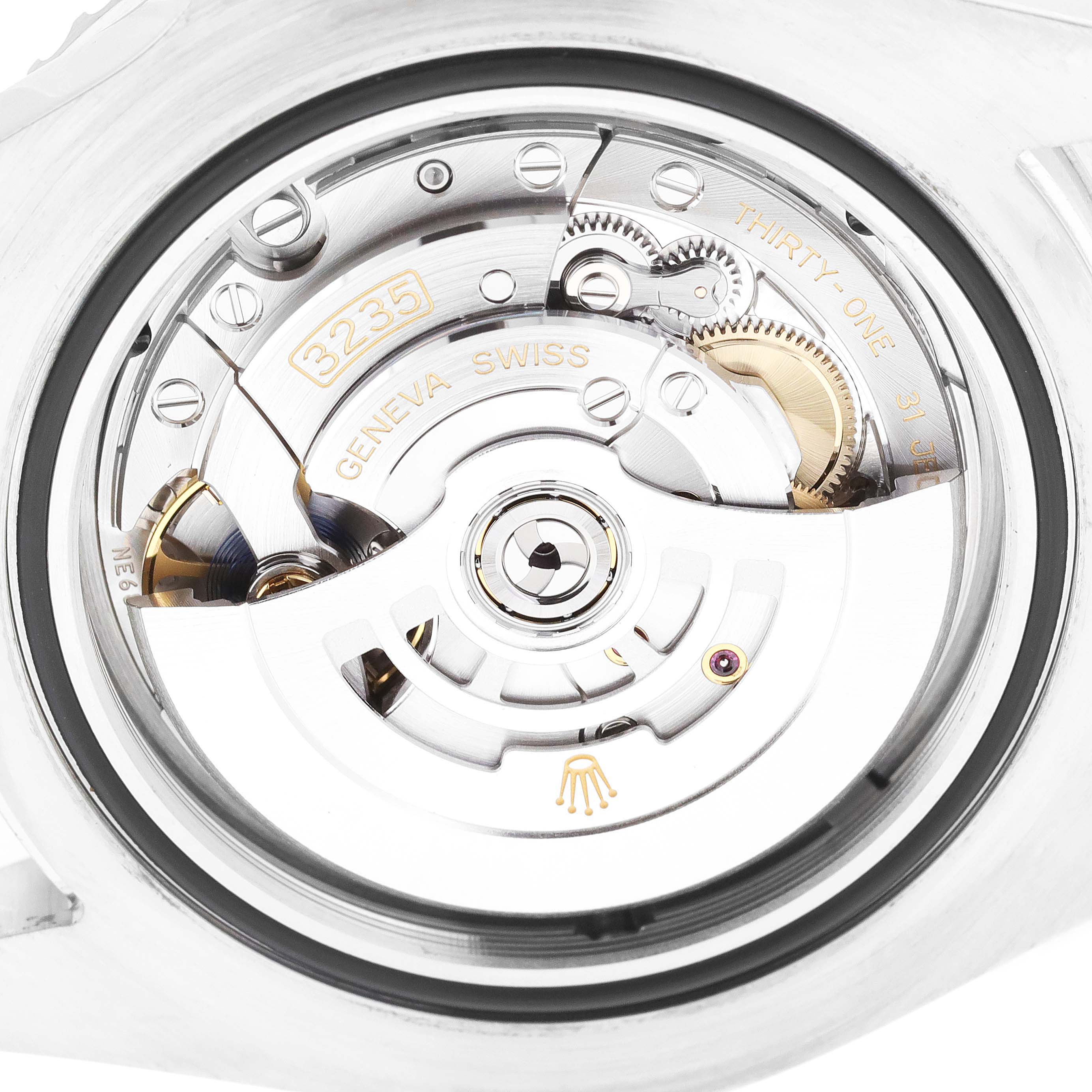 This image shows a close-up view of the movement mechanism of a Rolex Sea-Dweller 126600 Men
s Stainless Steel Black Dial 126600 Men
s Stainless Steel Black Dial watch.