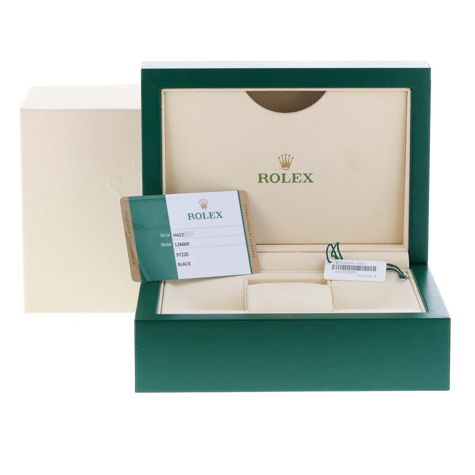 The image shows the open box and accessories, including a tag and card, for a Rolex Sea-Dweller 126600 Men
s Stainless Steel Black Dial 126600 Men
s Stainless Steel Black Dial watch model.