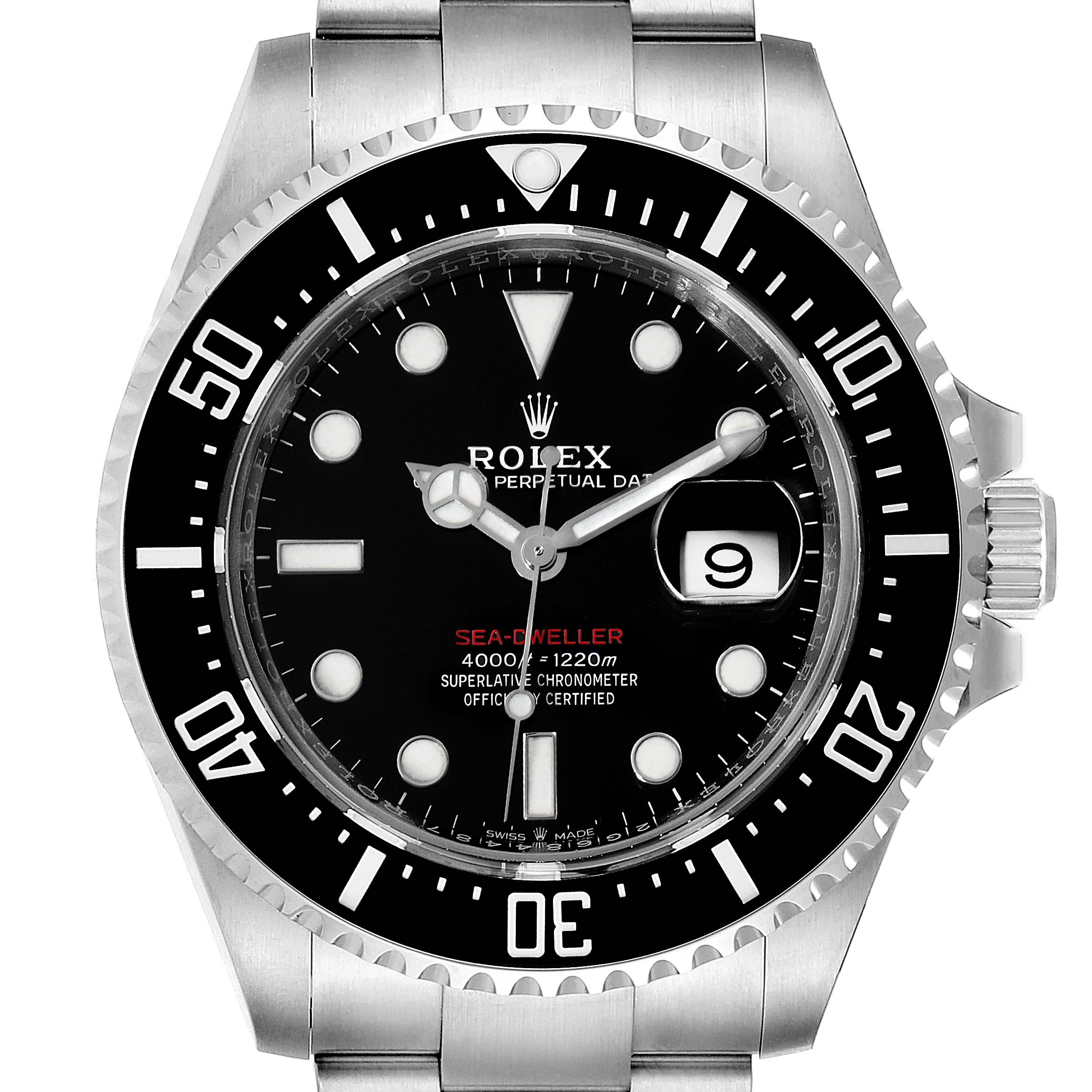 The Rolex Sea-Dweller 126600 Men
s Stainless Steel Black Dial 126600 Men
s Stainless Steel Black Dial watch is shown straight-on, displaying the bezel, dial, markers, and bracelet top links.