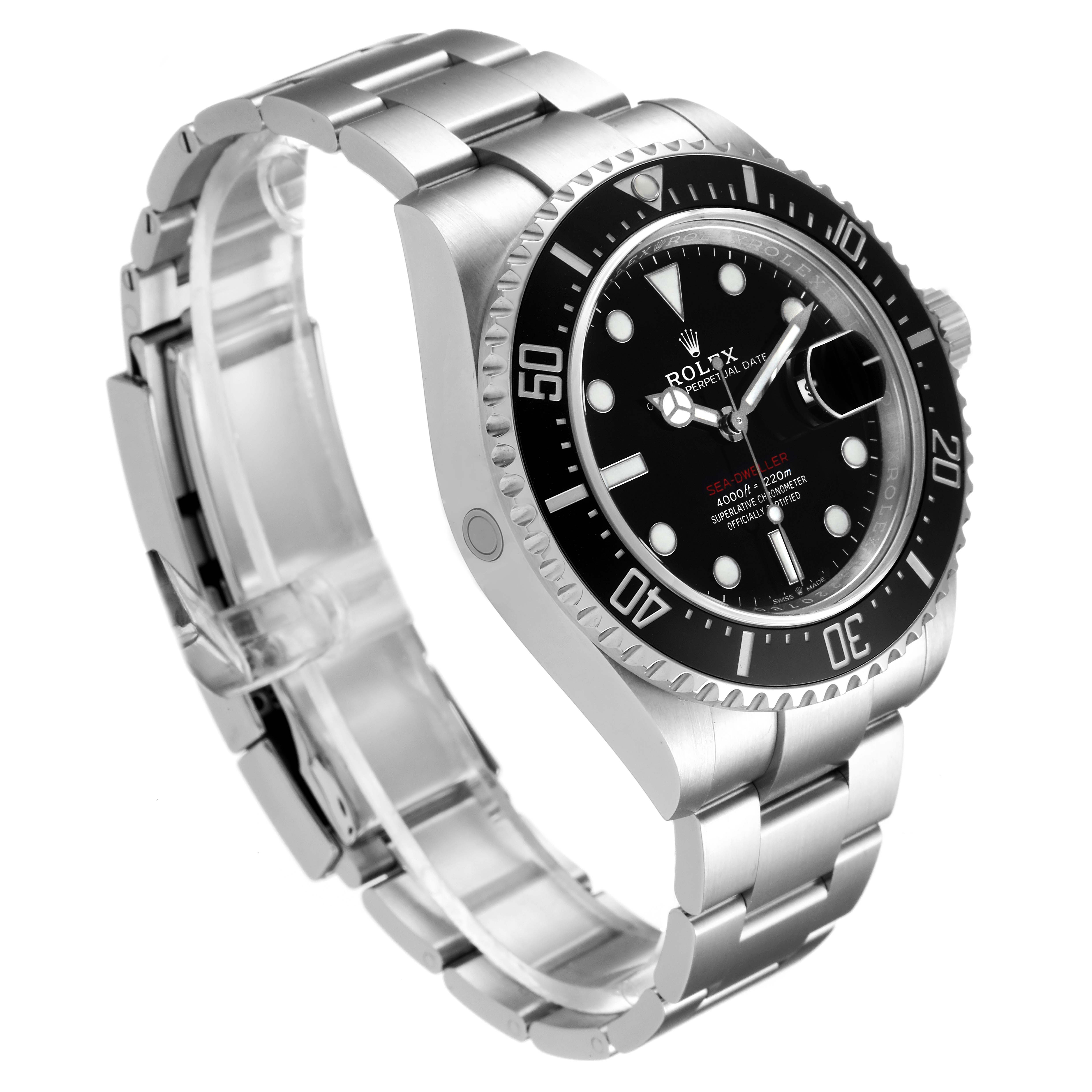 The image shows a Rolex Sea-Dweller 126600 Men
s Stainless Steel Black Dial 126600 Men
s Stainless Steel Black Dial watch, focusing on the front dial, bezel, and part of the stainless steel bracelet.