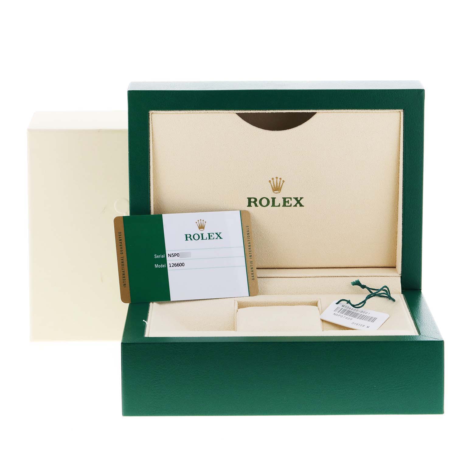 The image shows the packaging box of a Rolex Sea-Dweller 126600 Men
s Stainless Steel Black Dial 126600 Men
s Stainless Steel Black Dial watch, including the warranty card and tags.