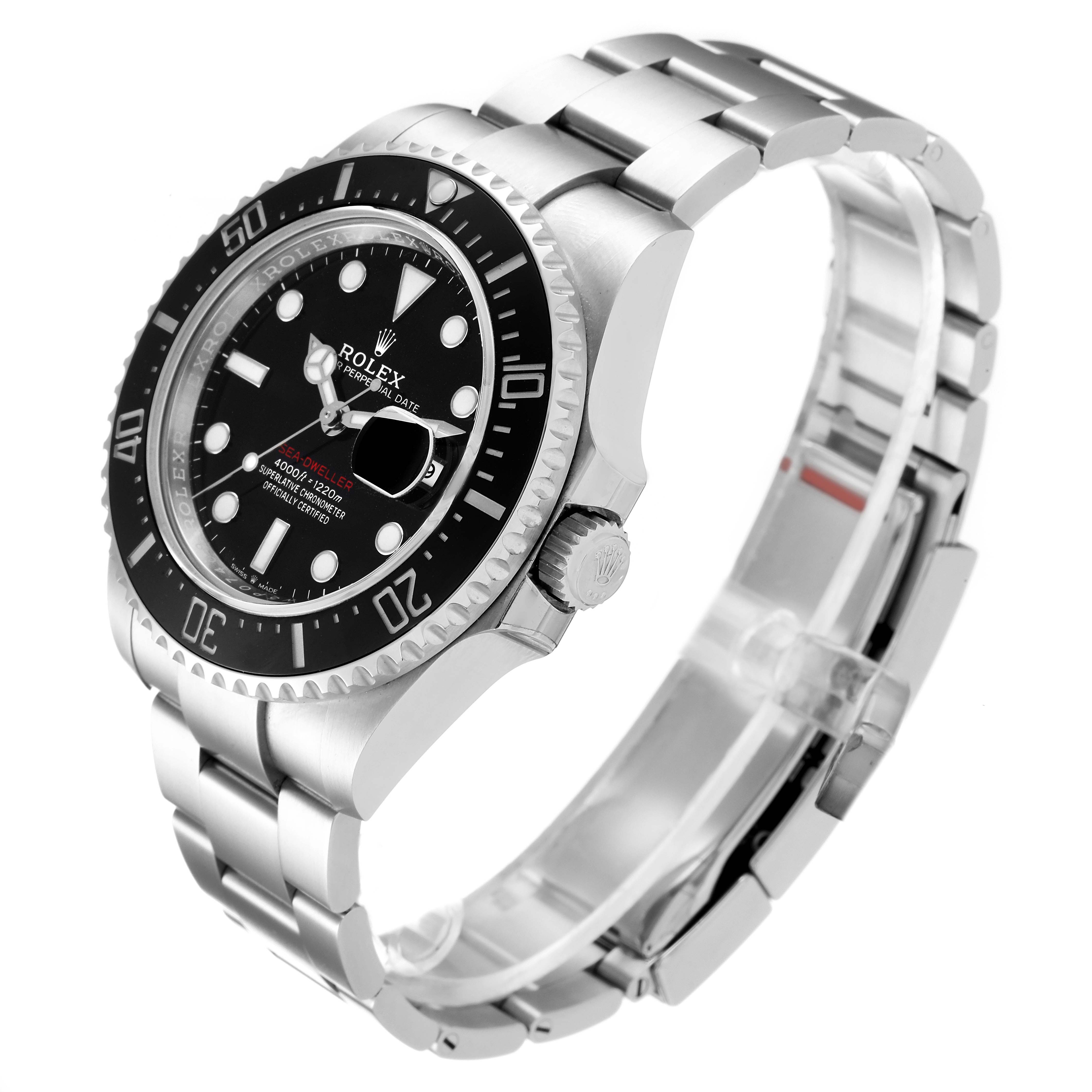 The image shows a side view of the Rolex Sea-Dweller 126600 Men
s Stainless Steel Black Dial 126600 Men
s Stainless Steel Black Dial, highlighting the bezel, dial, bracelet, and crown.