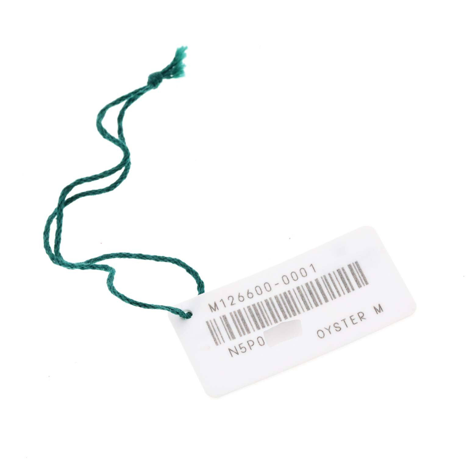 The image shows a tag with a green string, including a barcode and model information for a Rolex Sea-Dweller 126600 Men
s Stainless Steel Black Dial 126600 Men
s Stainless Steel Black Dial watch.