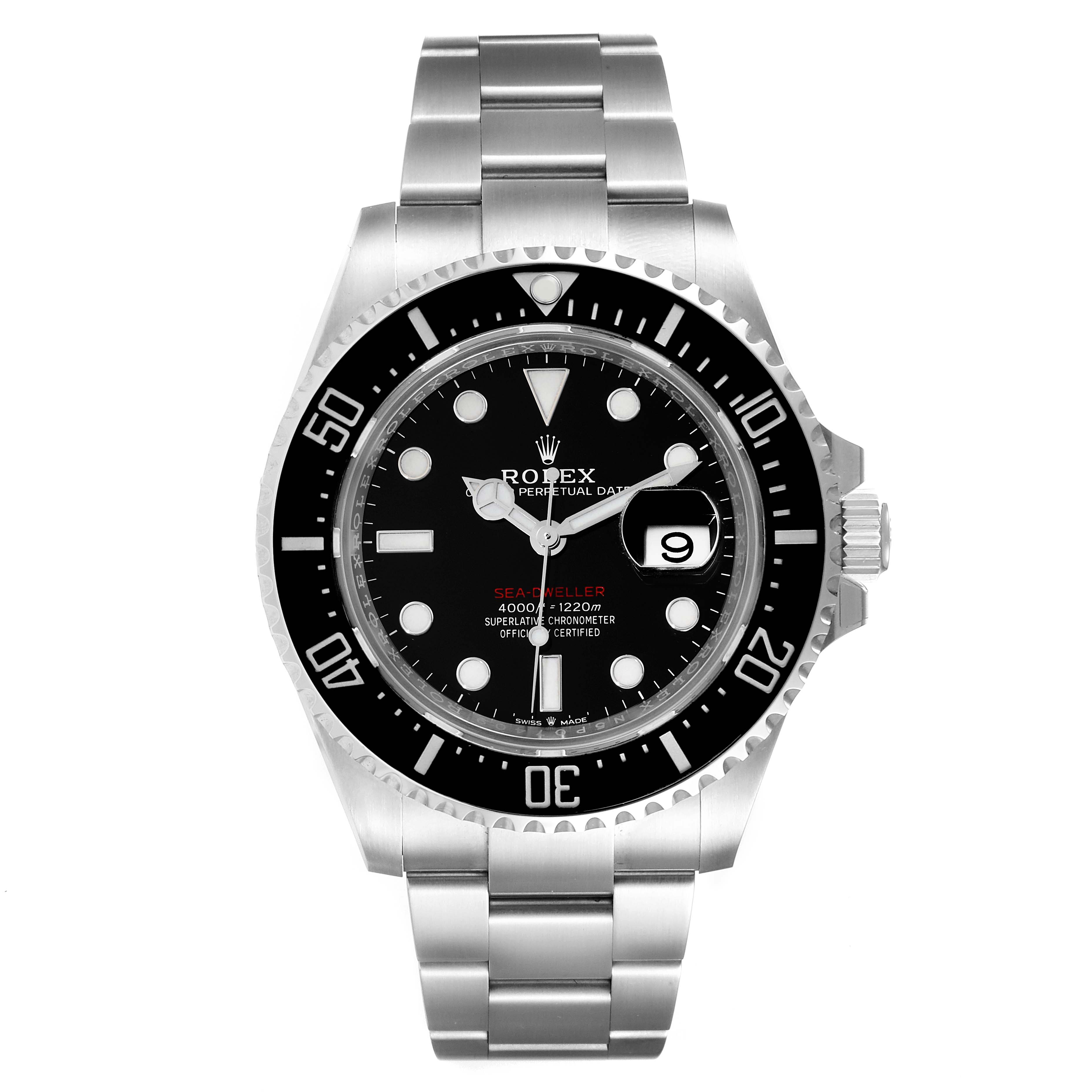 This image shows a frontal view of the Rolex Sea-Dweller 126600 Men
s Stainless Steel Black Dial 126600 Men
s Stainless Steel Black Dial watch, highlighting its dial, bezel, and bracelet.