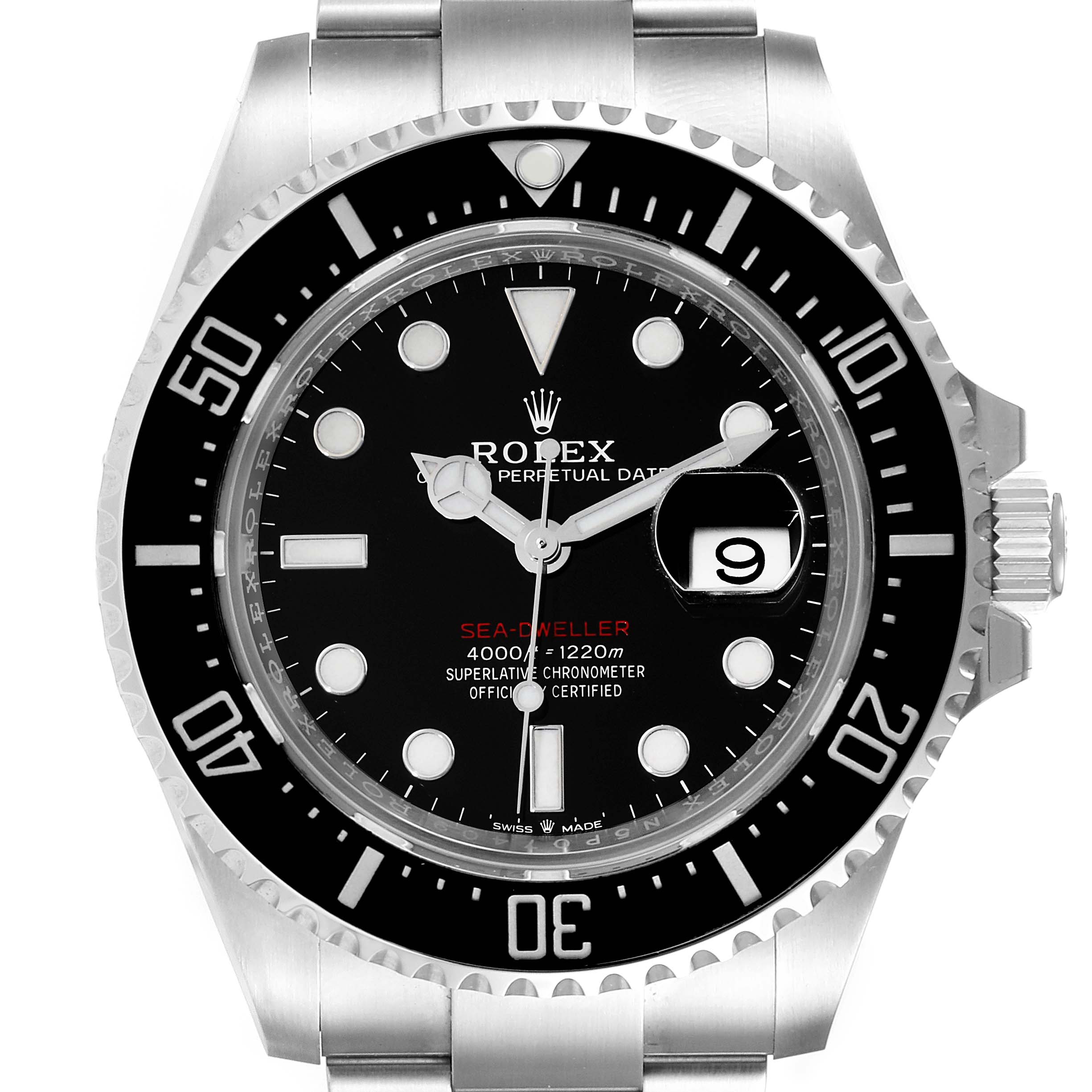 The image shows a frontal view of the Rolex Sea-Dweller 126600 Men
s Stainless Steel Black Dial 126600 Men
s Stainless Steel Black Dial watch, showcasing the dial, bezel, and bracelet.