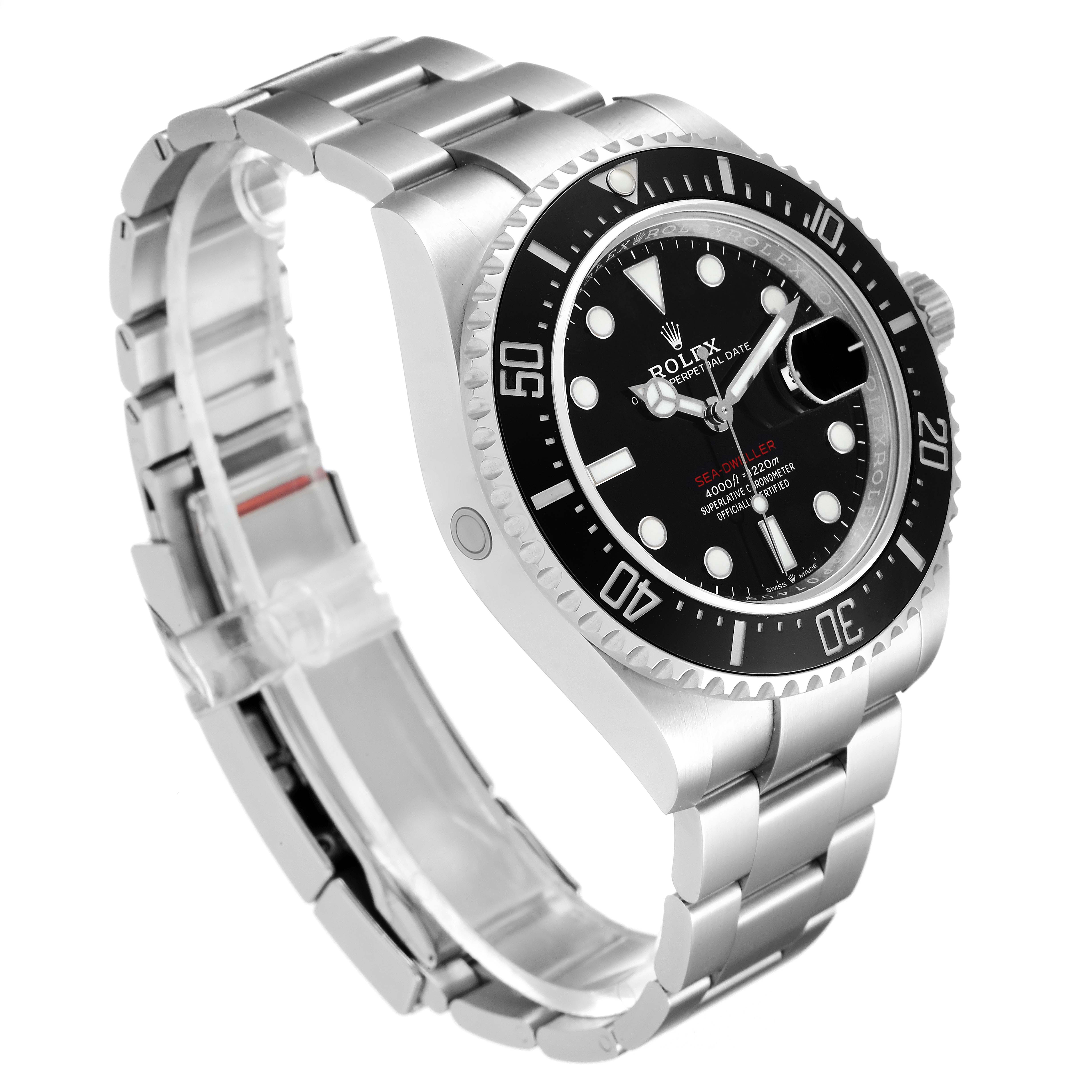 The image shows a side angle of the Rolex Sea-Dweller 126600 Men
s Stainless Steel Black Dial 126600 Men
s Stainless Steel Black Dial watch, highlighting its dial, bezel, and bracelet.