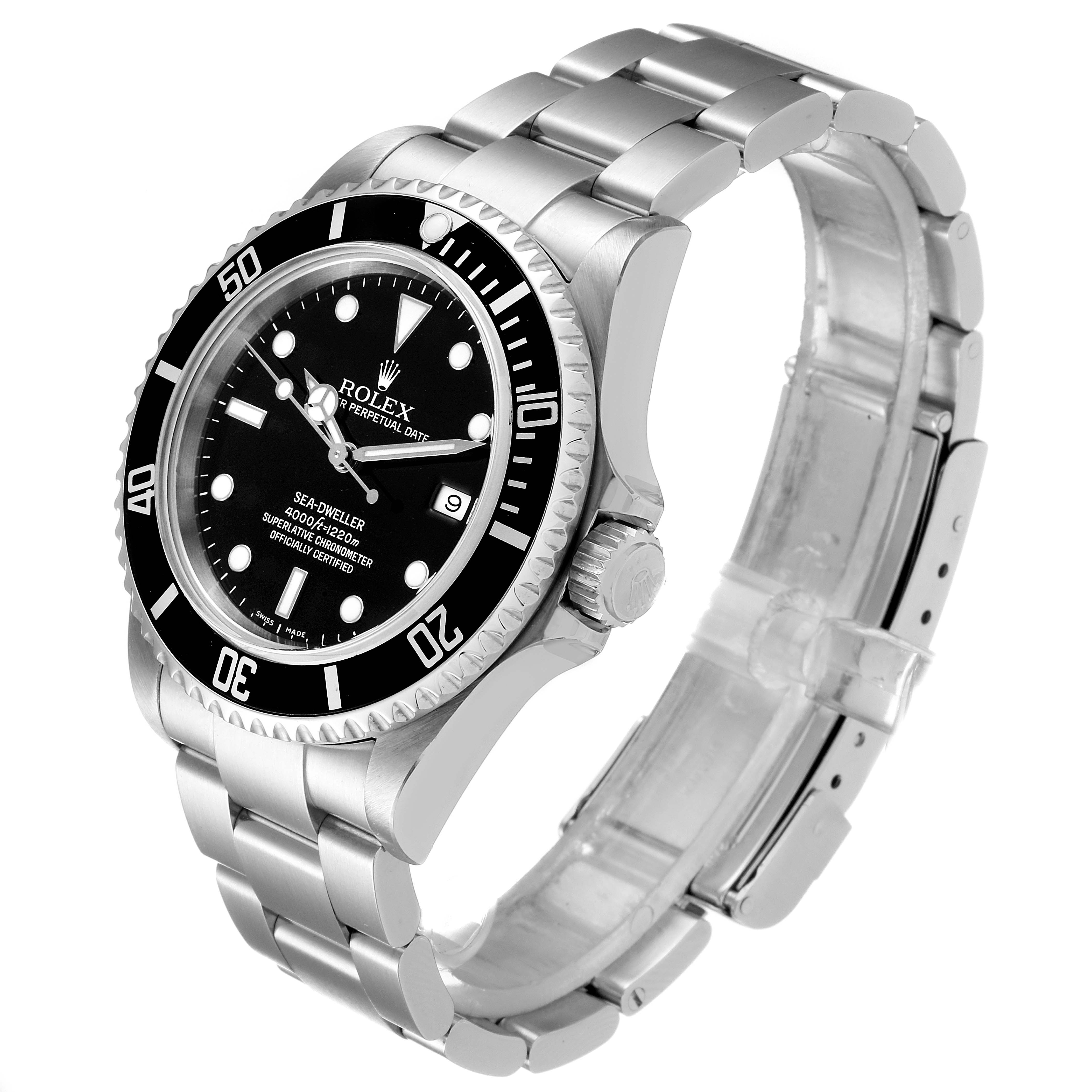 The image shows a Rolex Sea-Dweller 16600 Men
s Stainless Steel Black Dial 16600 Men
s Stainless Steel Black Dial watch from an angled side view, highlighting the face, bezel, crown, and bracelet.