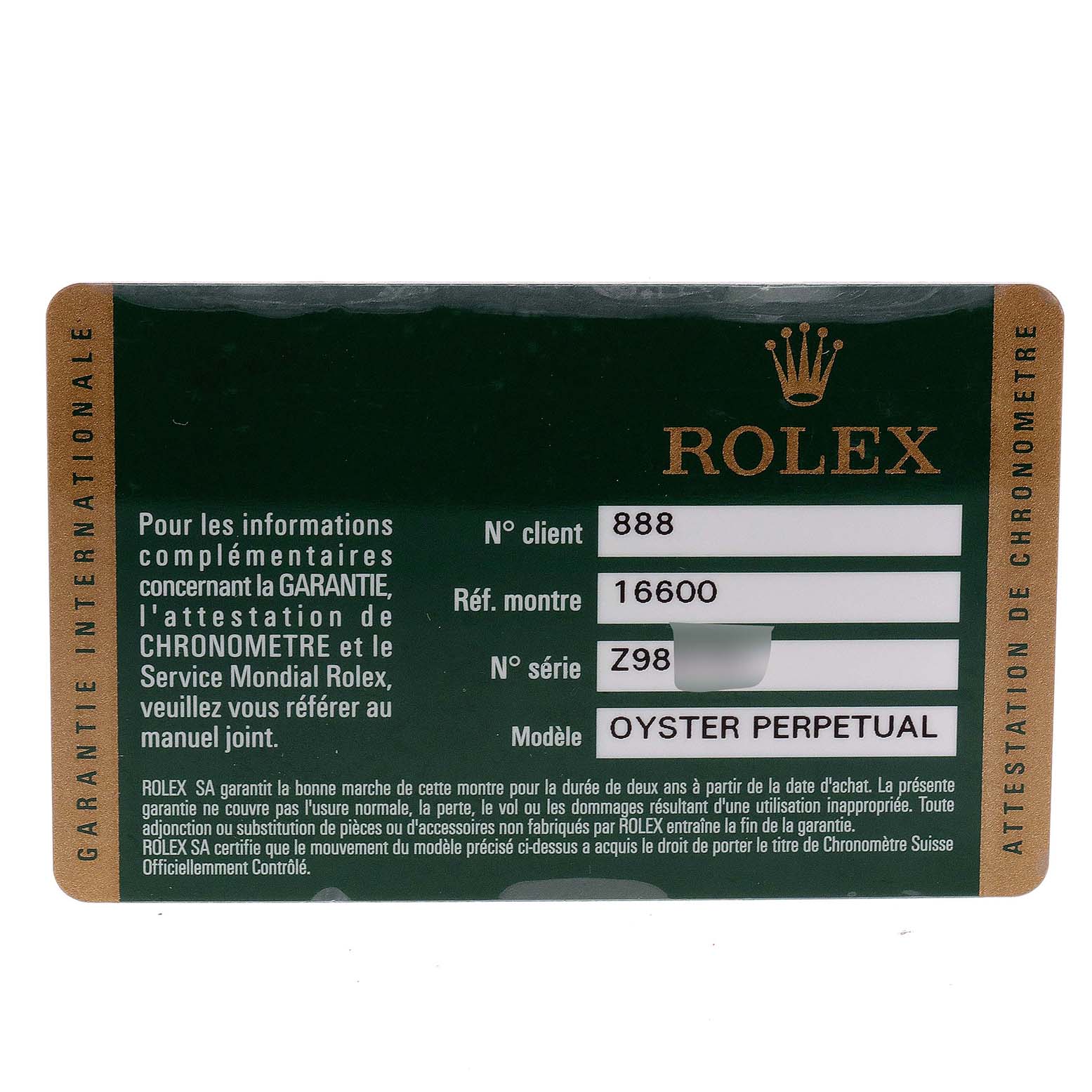 The image shows a warranty card for a Rolex Sea-Dweller 16600 Men
s Stainless Steel Black Dial 16600 Men
s Stainless Steel Black Dial Oyster Perpetual watch, including the model and serial numbers.